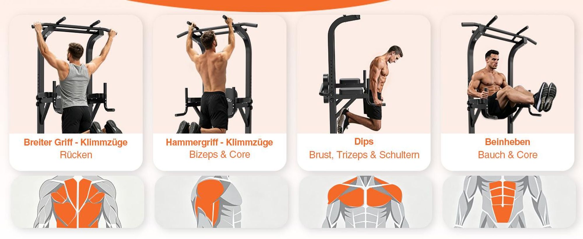 DH FitLife Premium Power Tower, Klimmzugstation mit Dip Station, 10-fach höhenverstellbar 185–222 cm, 50×50 mm Stahlprofil, Kraftstation für Home Gym