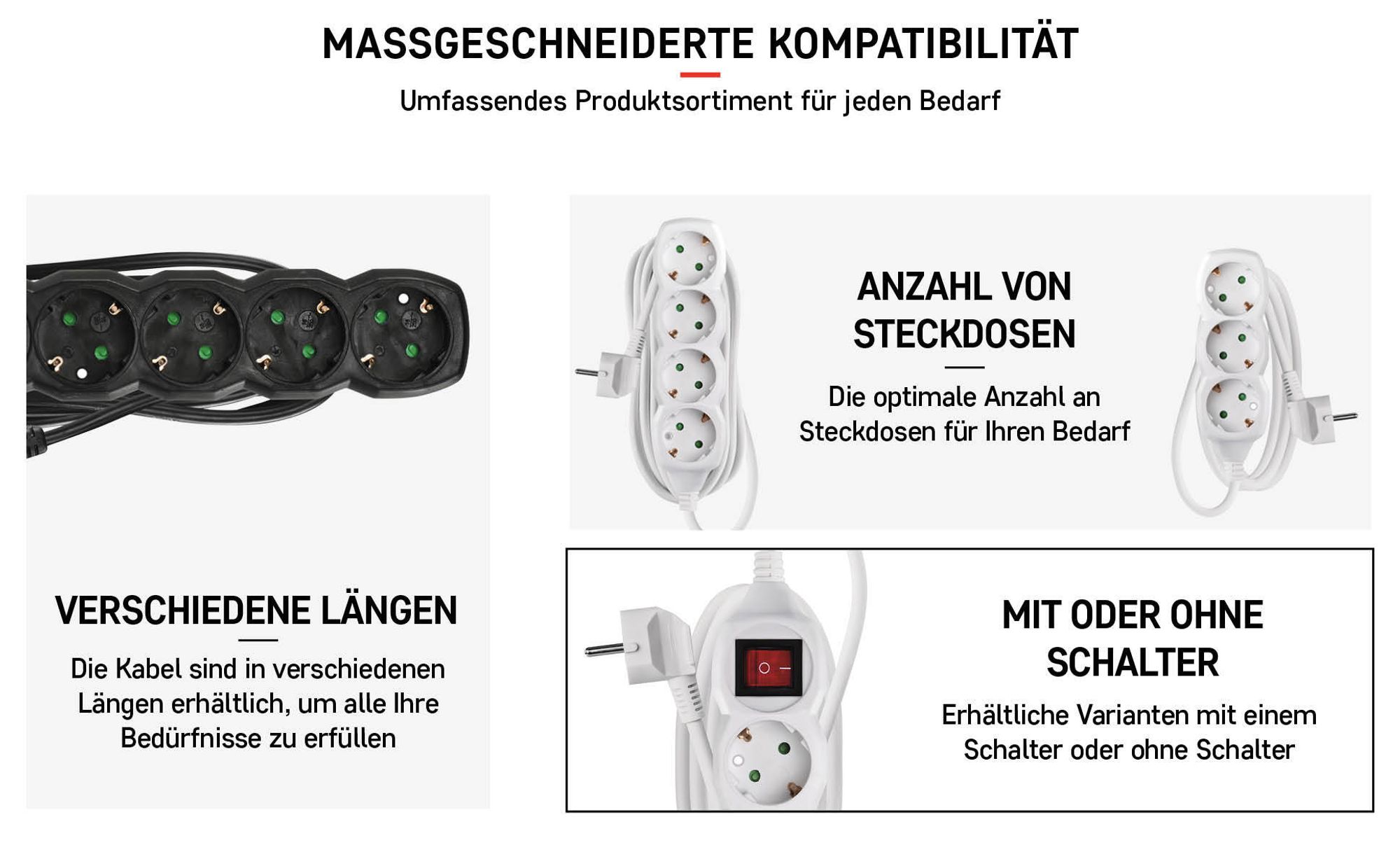 EMOS Steckdosenleiste 3-fach, 150 cm Kabel 1,5 mm2, Steckdosen 45° gedreht, 3-er Schuko, mit erhöhtem Berührungsschutz, für Innenbereich, P0321R