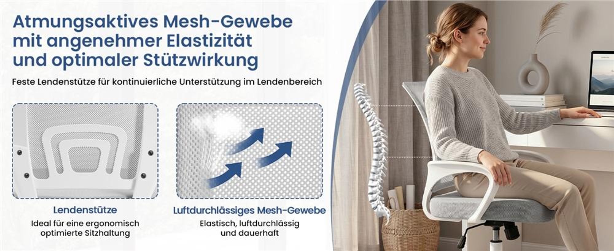 Yaheetech Bürostuhl Schreibtischstuhl ergonomischer Drehstuhl Chefsessel mit Mesh Netz Wippfunktion Hellgrau