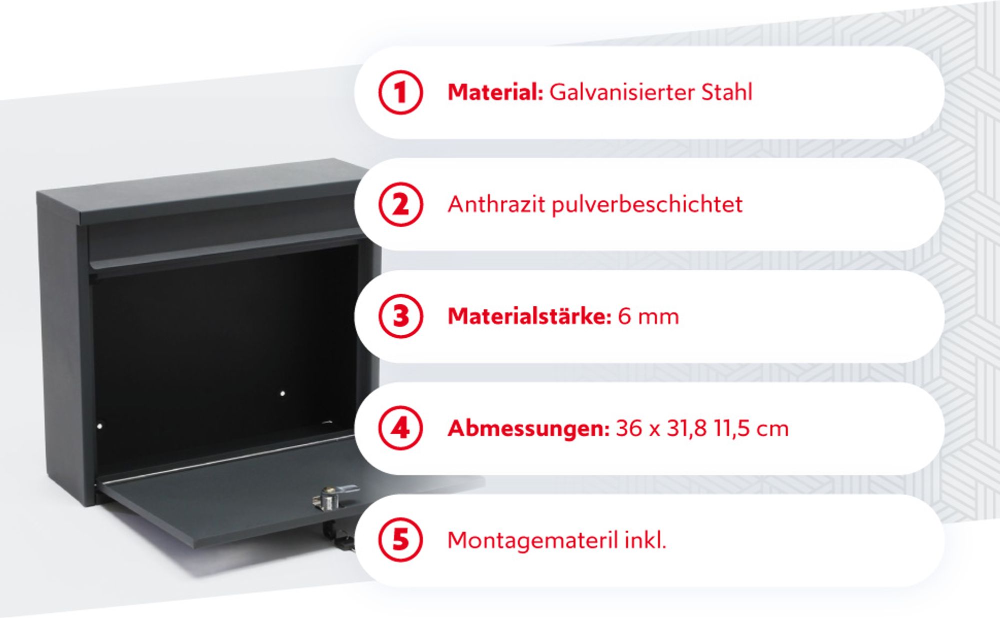Wiltec Briefkasten V13 Anthrazit 360 x 105 x 315 mm, Wandbriefkasten mit Schloss und Klappe, Postkasten aus Stahl pulverbeschichtet