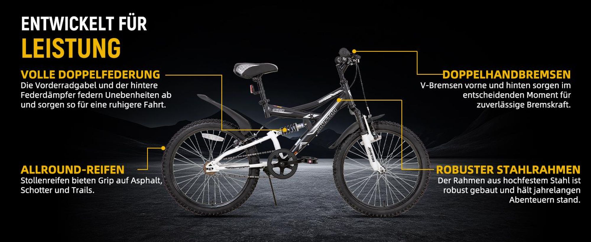 HILAND Contender 20 Zoll Kinder-Mountainbike Vollfederung Jungen Mädchen, Kinderfahrrad mit Schutzbleche und Handbremse, Schwarz