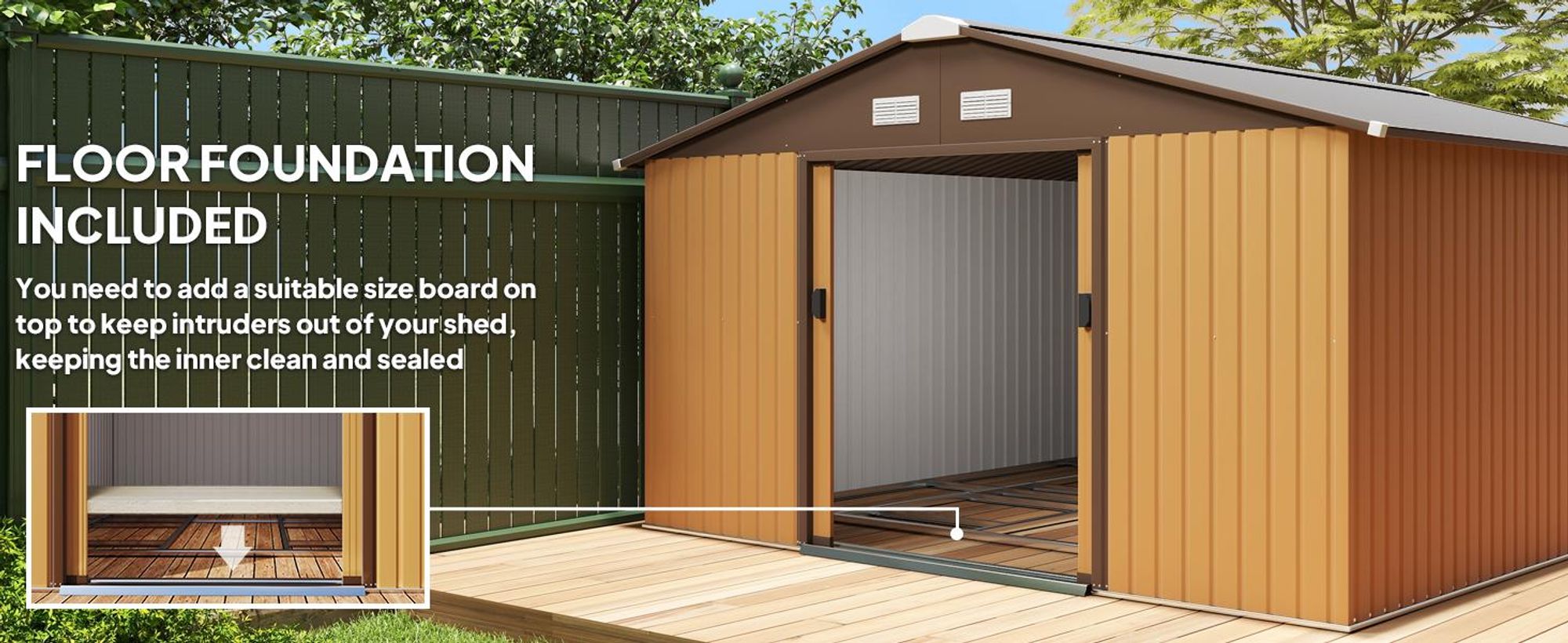 Domek narzędziowy metalowy Outsunny 26,2 m³, 340 x 386 x 200 cm, z dachem dwuspadowym, drzwiami przesuwnymi, odporny na warunki atmosferyczne, do użytku na zewnątrz, żółty