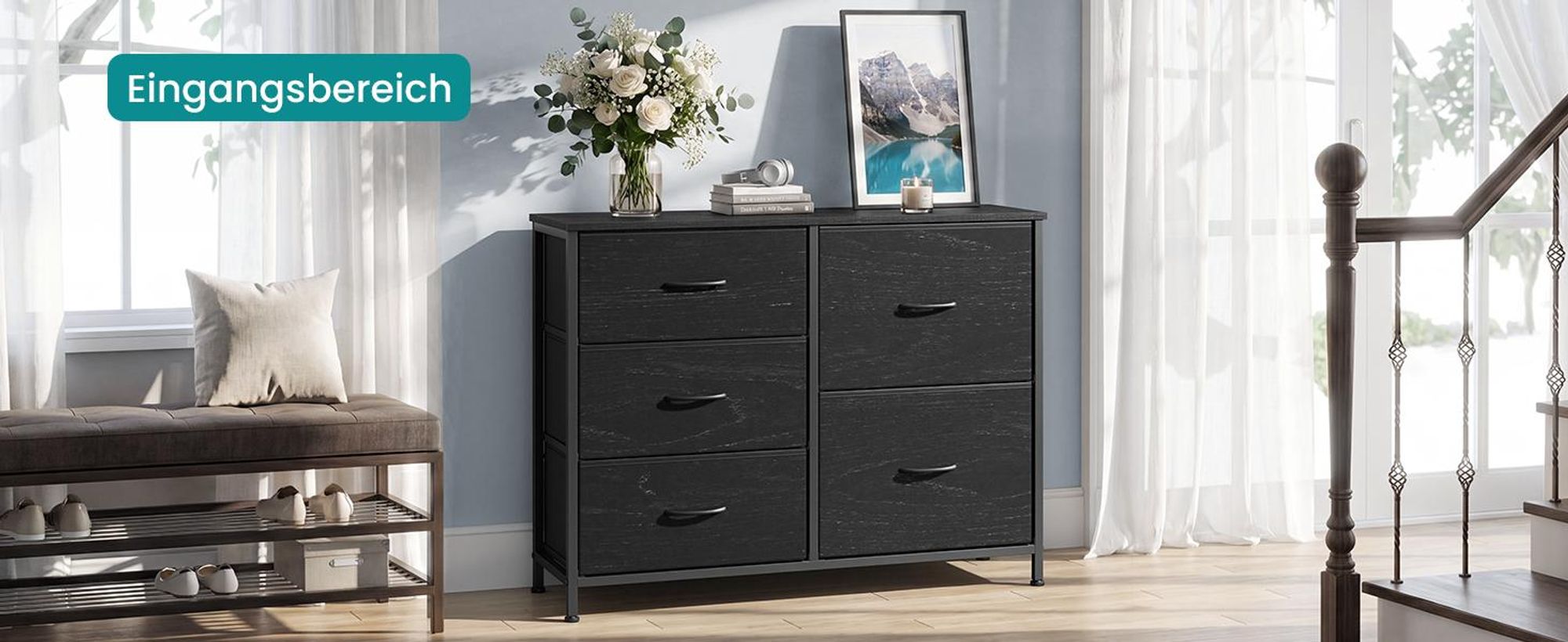 SONGMICS Kommode mit 5 Schubladen, Schubladenschrank mit Metallgestell, 98,7 x 30 x 74,7 cm, Schwarz