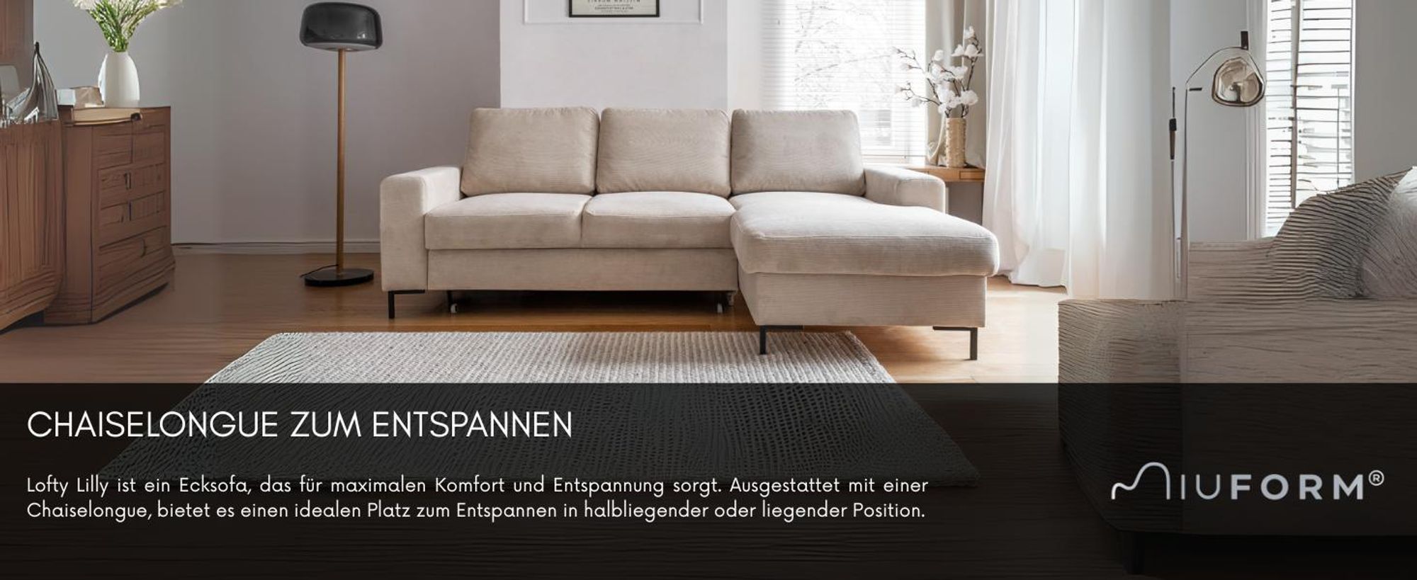 MIUFORM Lofty Lilly - Ecksofa mit Bettfunktion und Bettkasten L-FORM RECHTS - 236x148cm - Beige - Sofa Schlafsofa Couch