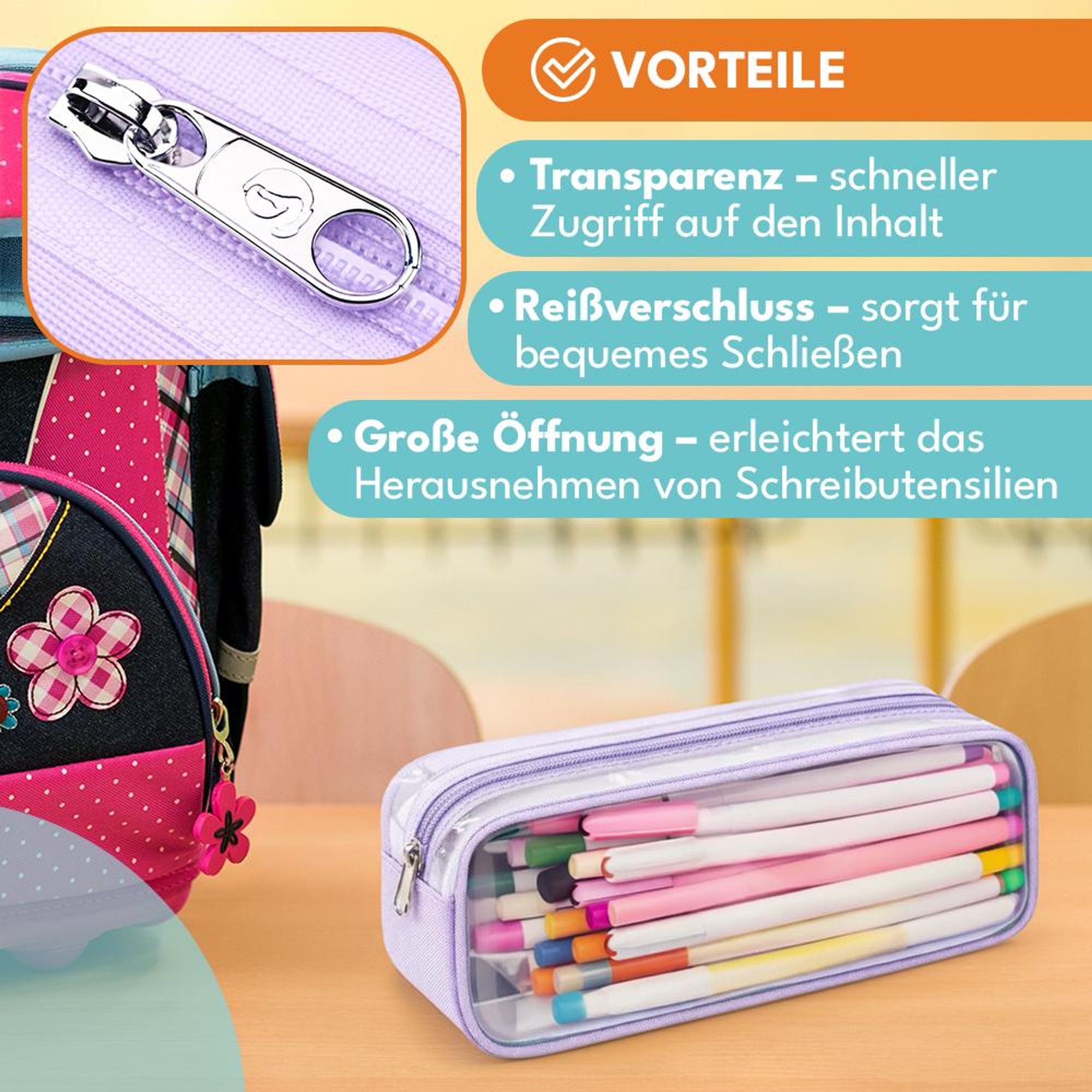 KRUMAD Transparentes Federmäppchen, Großes Etui für Stifte, Schulsachen, Kosmetiktasche, Leicht, Wasserabweisend, Violett 23 x 10 x 6,5 cm