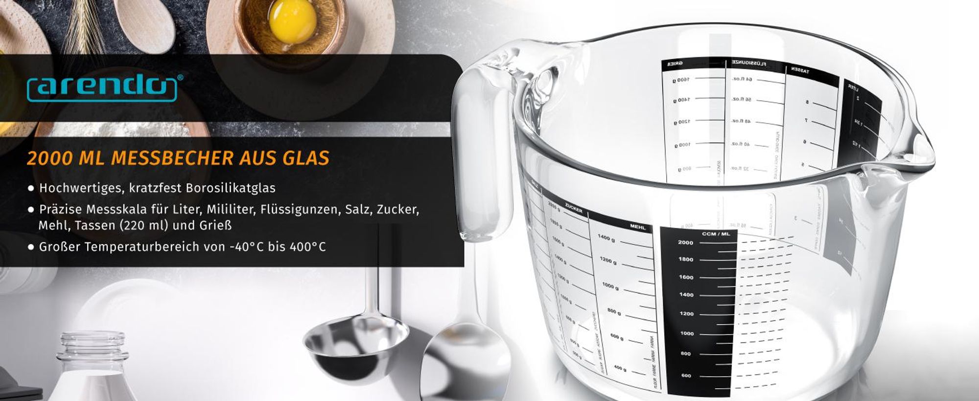 Arendo Messbecher Glas 2000 ml, Übersicht mit Messskala