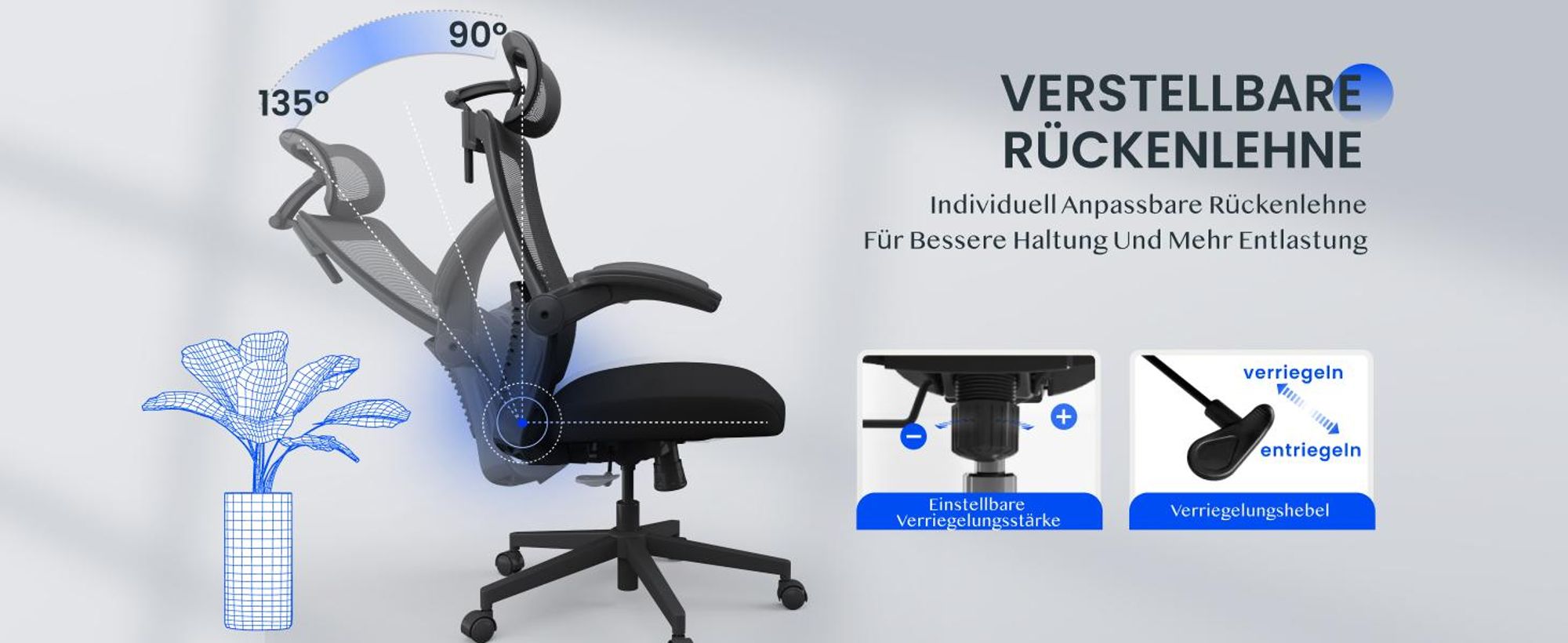 FLEXISPOT Ergonomischer Bürostuhl, 3D-Kopfstütze, verstellbare Rückenlehne, klappbare Armlehnen, Mesh-Sitz, 135° Neigung, 150 kg Belastbarkeit Schwarz