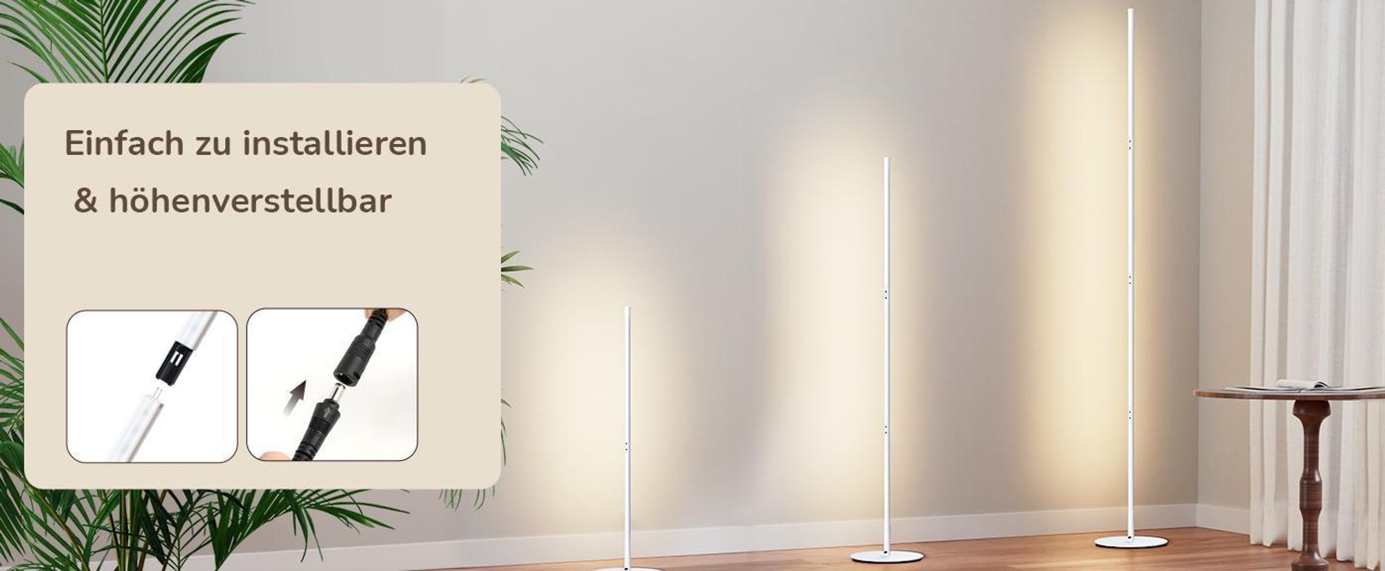 EDISHINE Stehlampe Wohnzimmer, LED Stehlampe Dimmbar, 3000K warmweiße Stehleuchte mit Memory-Funktion, höhenverstellbar 146 cm, Weiß