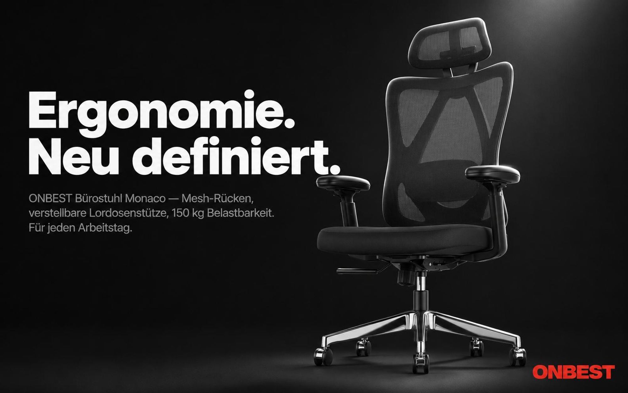 ONBEST Bürostuhl Premium Monaco | Ergonomisch | 150 kg Belastbarkeit | Mesh-Rücken | Schwarz | 360° Universalrollen