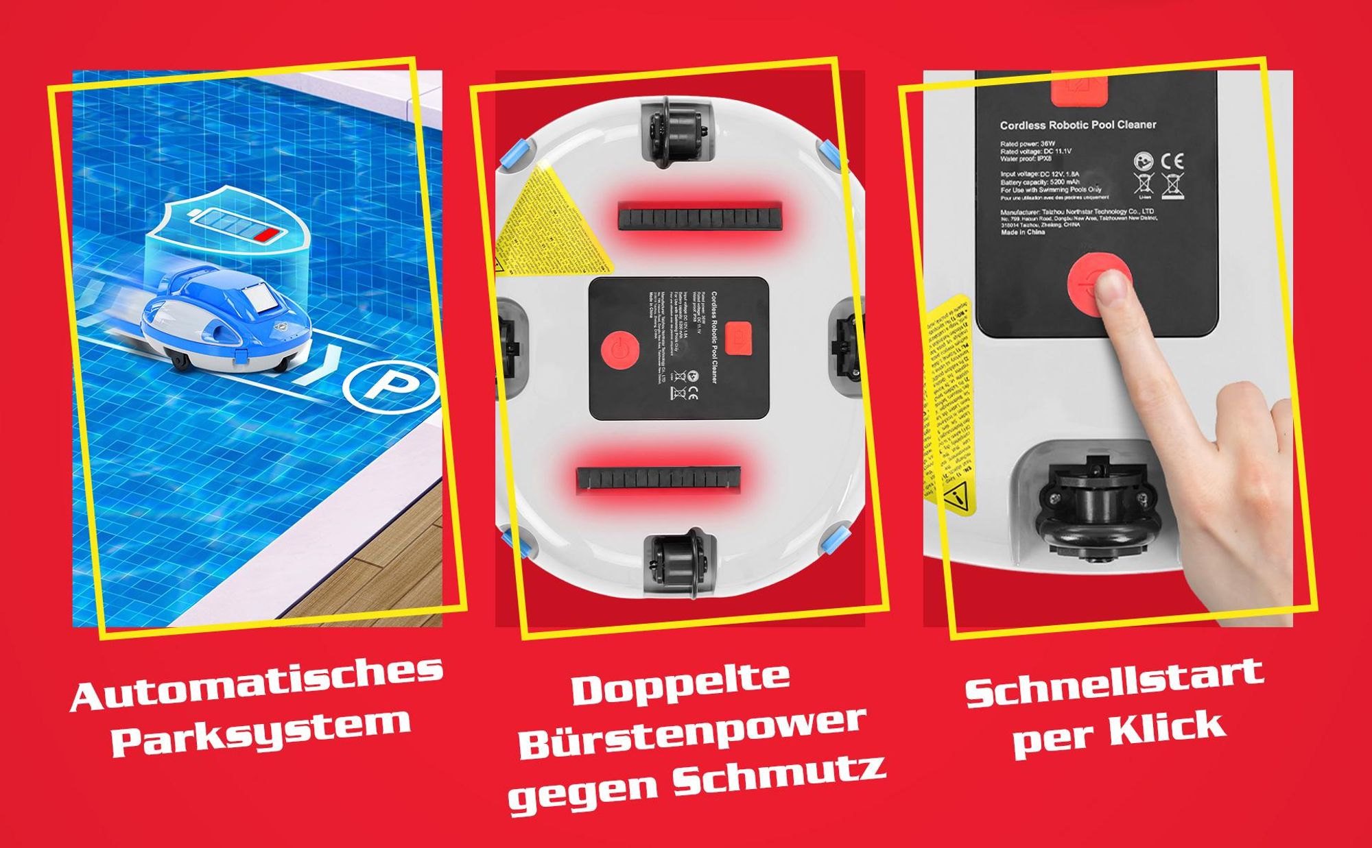 HECHT Poolroboter Bluesea 85 | 1-Klick-Bedienung | 110 min Laufzeit | bis 85 m² | 5000mAh Akku | Leichte 3 kg
