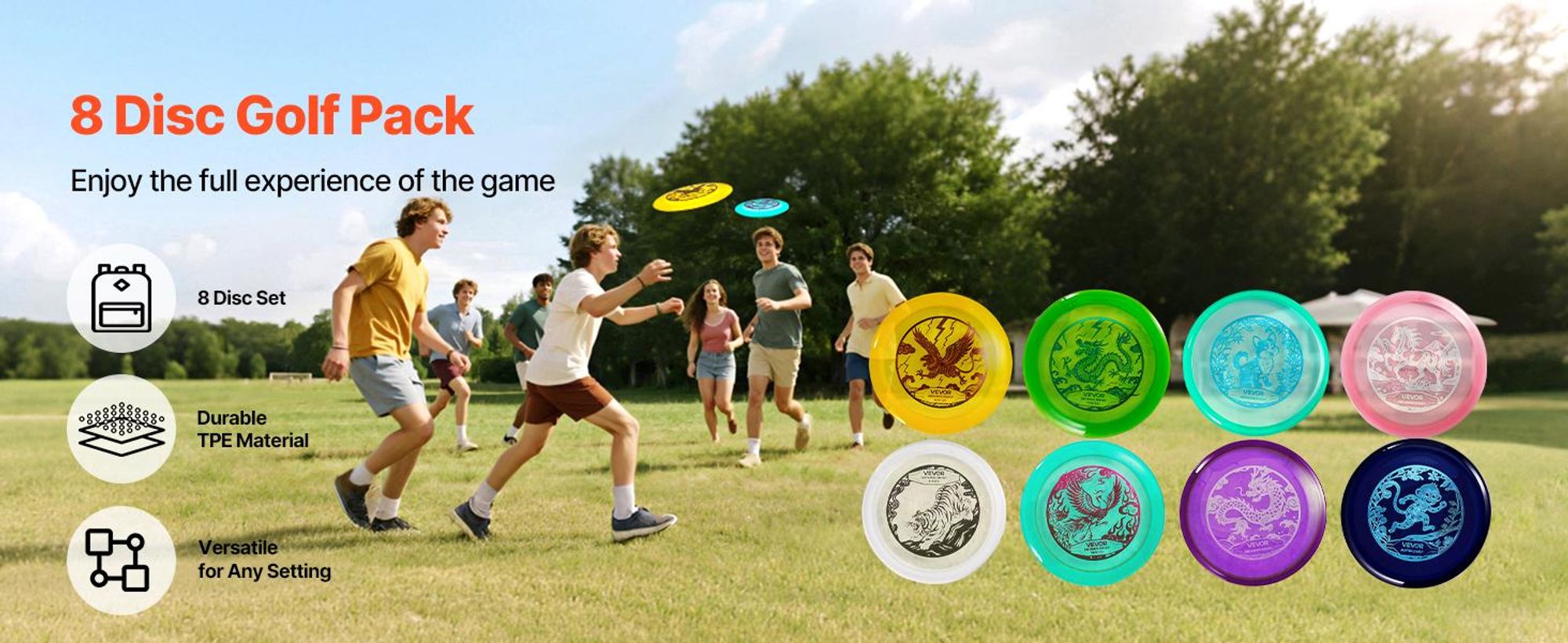 VEVOR Disc Golf Set, 8-teiliges Disc Golf Starterset, fliegende Scheiben für Anfänger für das Ganzkörper-Stärkungstraining, mit Putter, Mid-Range, Driver, PDGA genehmigt, für den Außenbereich, Garten, Rasen, Strand und Park, 8 STK