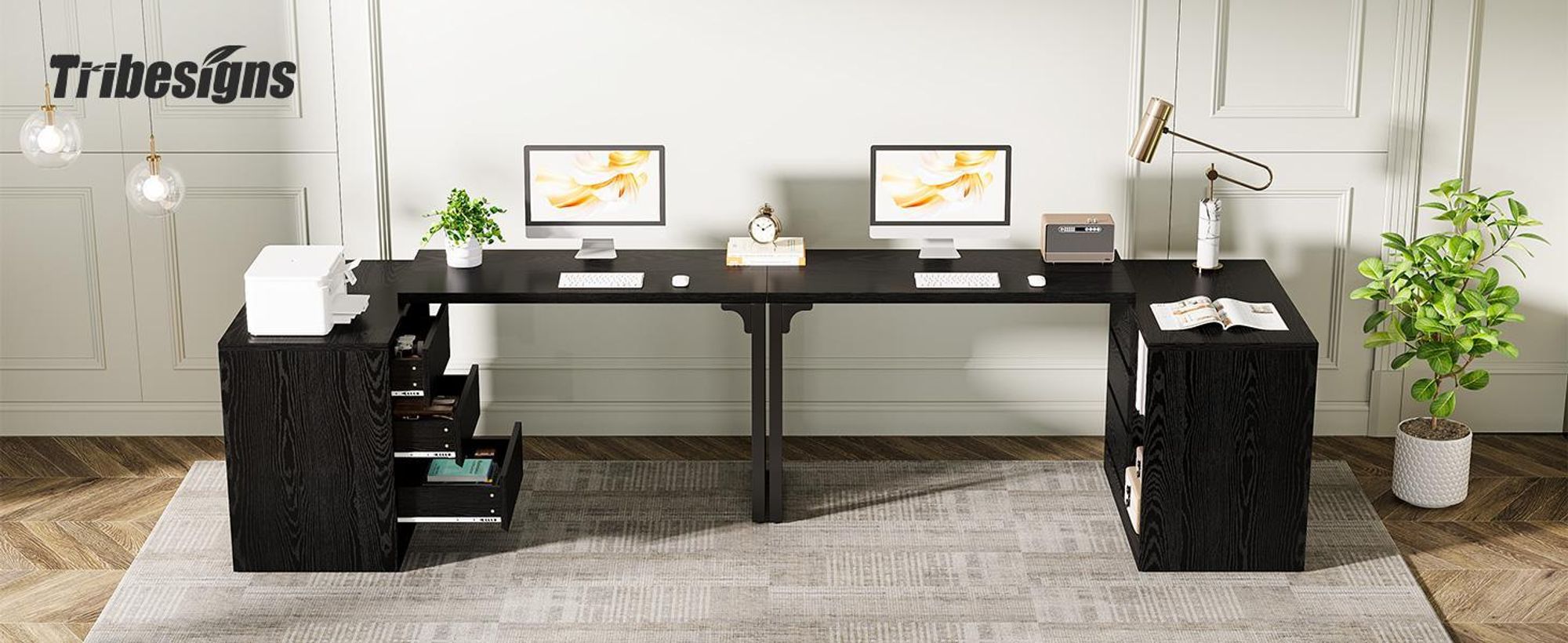 Tribesigns L-förmiger Schreibtisch, mit Schubladen und Regalen, Wendbarer Eckschreibtisch mit Aufbewahrungsschrank, Moderner Tisch Homeoffice, Schwarz