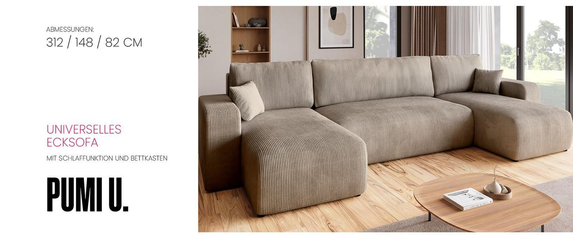 BroMARKT Ecksofa PUMI Schlaffunktion Bettkasten U-Form 125x268 cm Hellgrau