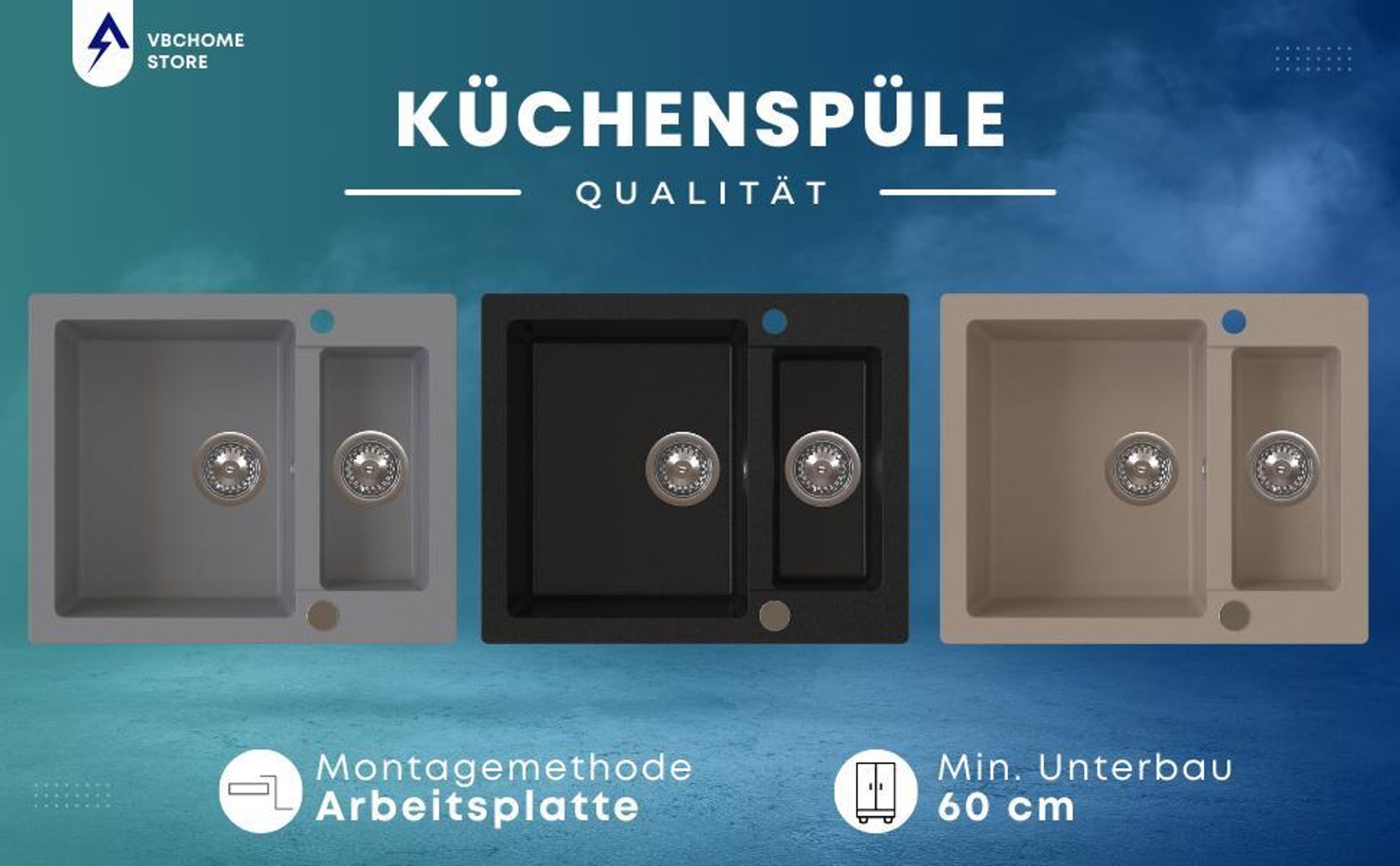 VBChome Spülbecken 60x50x20 cm Beige Granit 1,5 Becken Einbauspüle gesprenkelt Restebecken Siphon