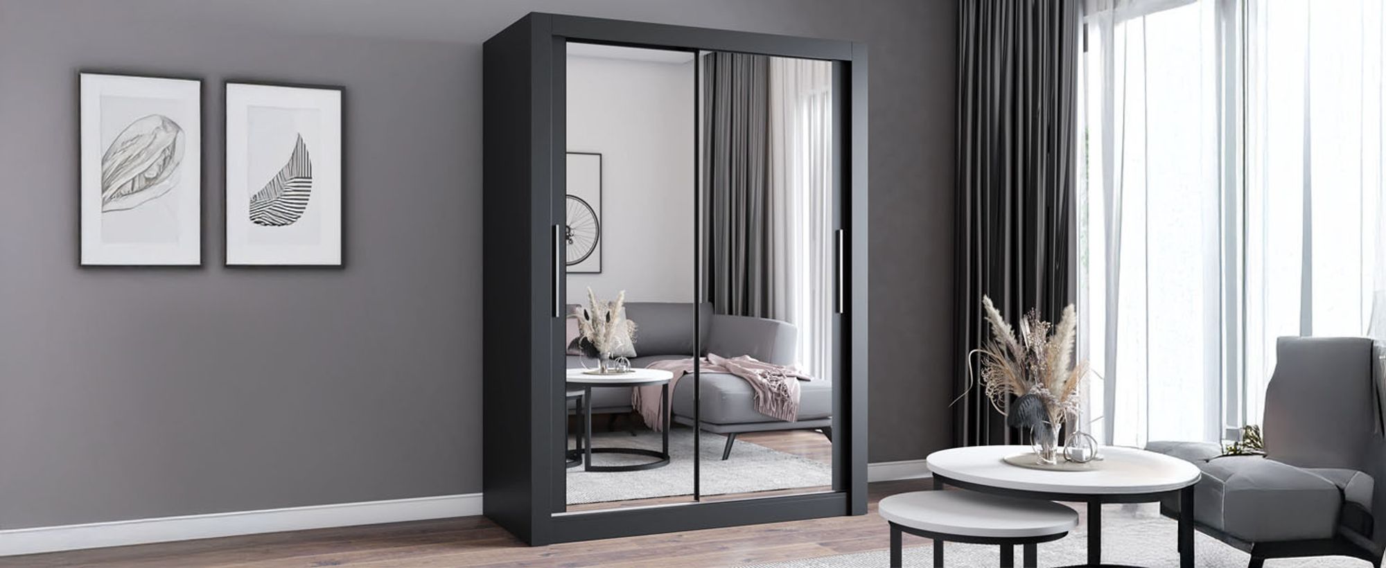 Schwebetürenschrank Kleiderschrank Schrank 180cm Schwarz/Schwarz mit zwei Spiegeln MILAN