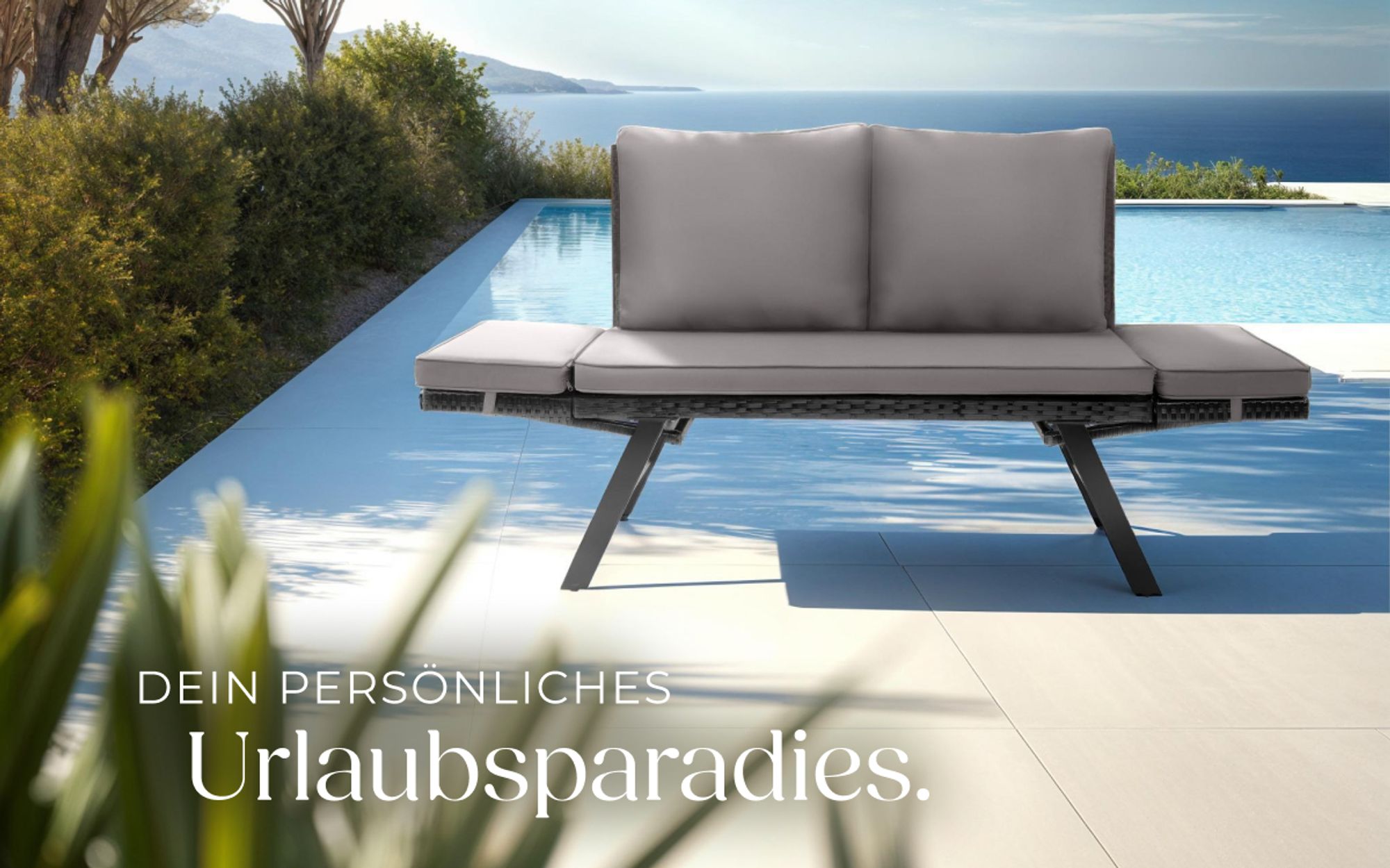 tectake® Rattan-Loungesofa Sintra 2in1 Funktion UV-beständiges und wetterfestes Geflecht