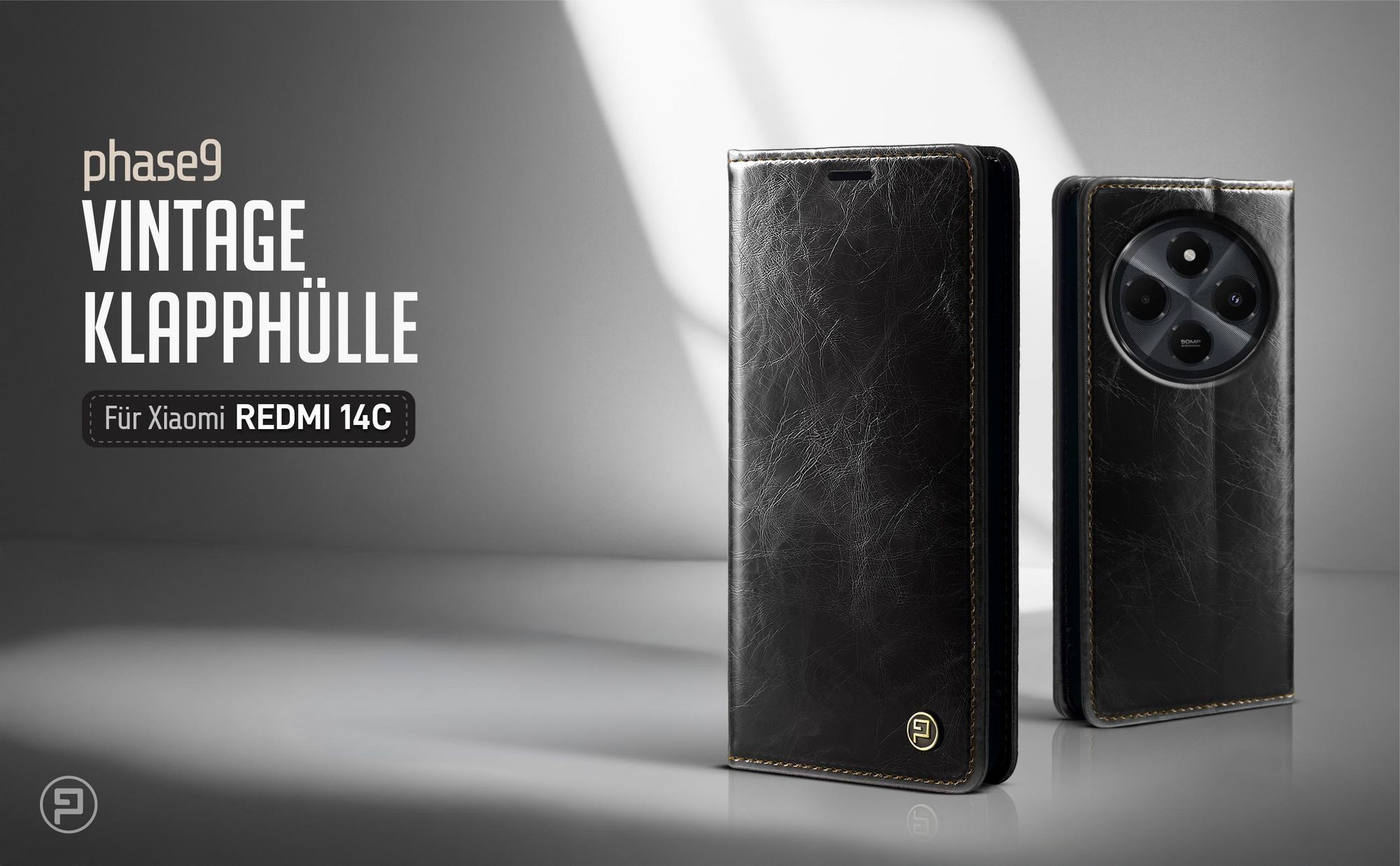 Schwarze Klapphülle für Xiaomi Redmi 14C im klassischen Vintage Look