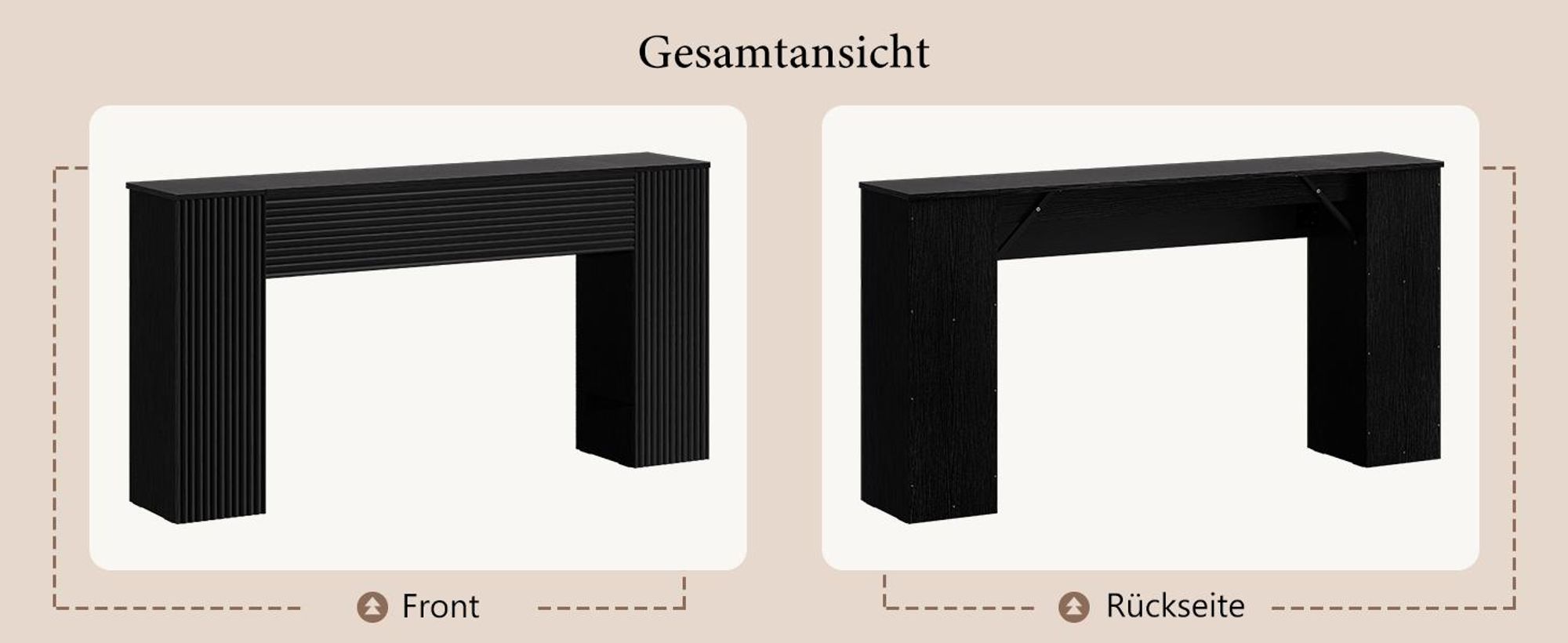 FABATO 155 cm gewellte Konsole mit 2 versteckten Stauraumfächern – schmale Sofatisch für die Wand, schwarze Einstiegs- & Flurtisch für Wohnzimmer