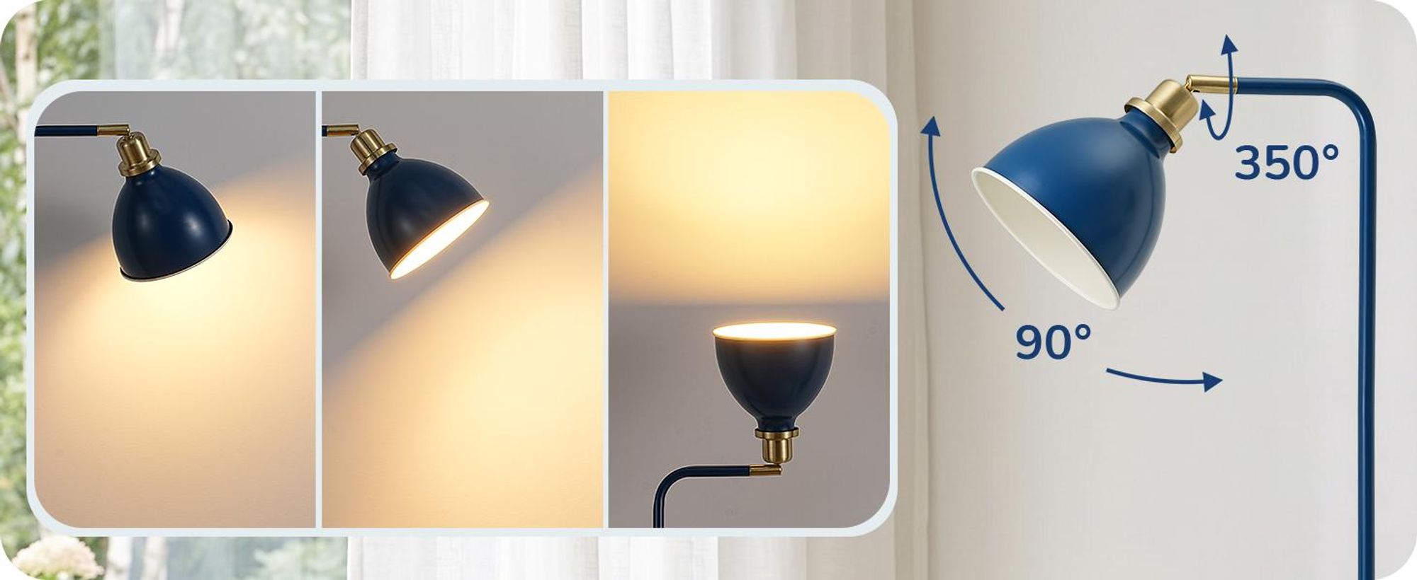 EDISHINE Stehlampe Industriell, Verstellbarer Kopf, Inkl. LED, Marineblau mit Metall-Lampenschirm, E27-Fassung, 2700 K Warmweiß, Leselampe