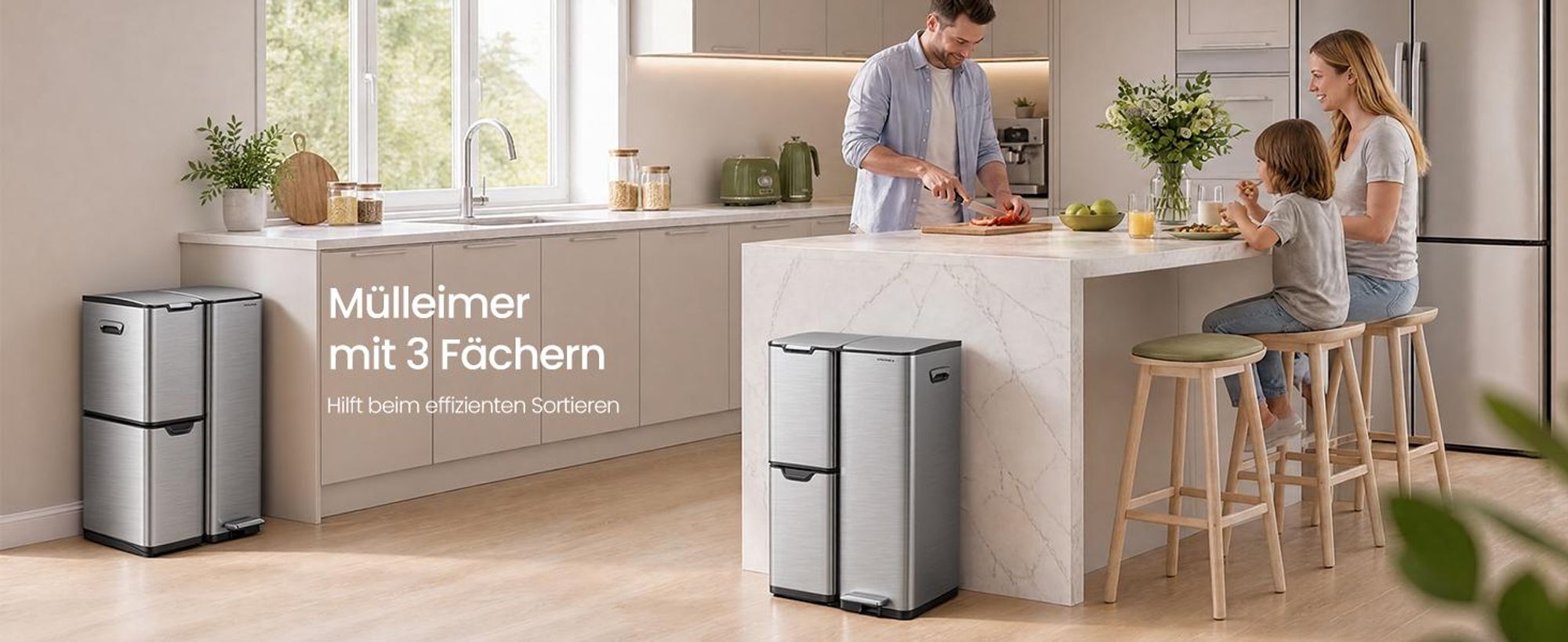 SONGMICS Mülltrennsystem Küche 60 L Tretmülleimer mit 3 Fächern 46,7 x 39 x 71,9 cm Silbern