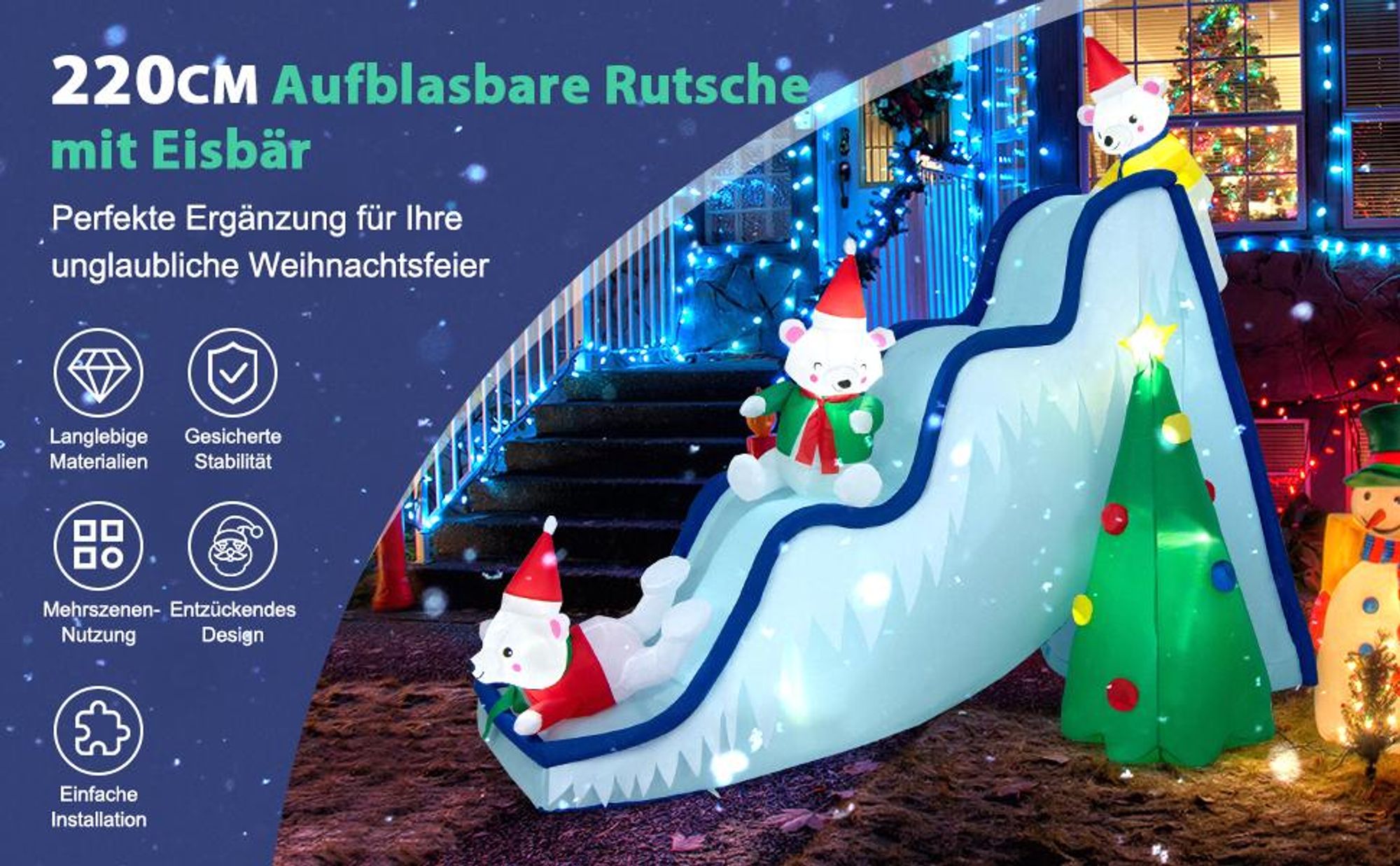 COSTWAY 220cm Aufblasbare Weihnachtsrutsche LED, beleuchtete  Weihnachtsdekoration mit Gebläse, Schneerutsche, Weihnachtsbaum & 3 Eisbären