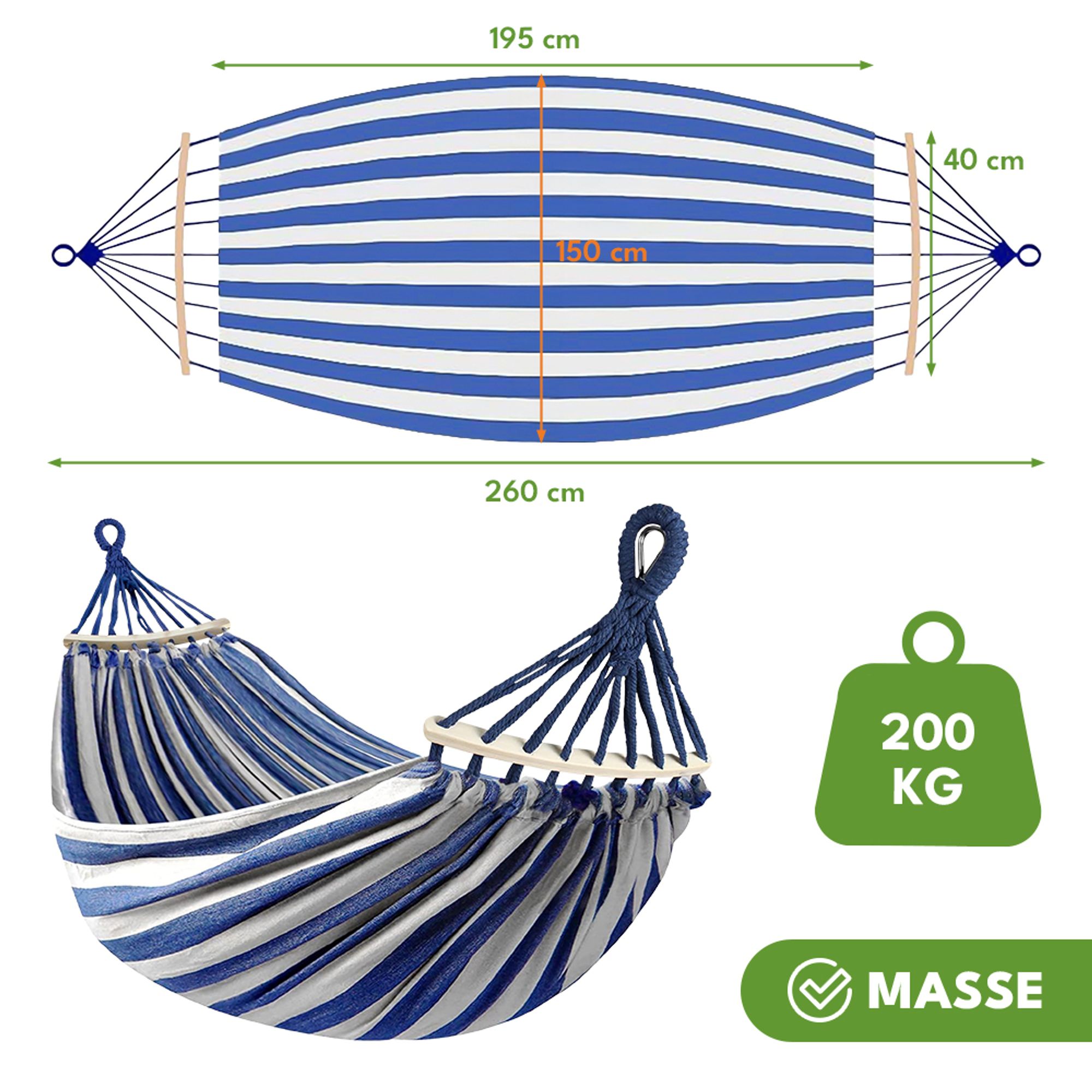KRUMAD Hängematte 260 cm Belastbar bis 250 kg Wetterfest Baumwoll-Polyester für Garten Balkon Camping mit Holzstreben & Tragetasche