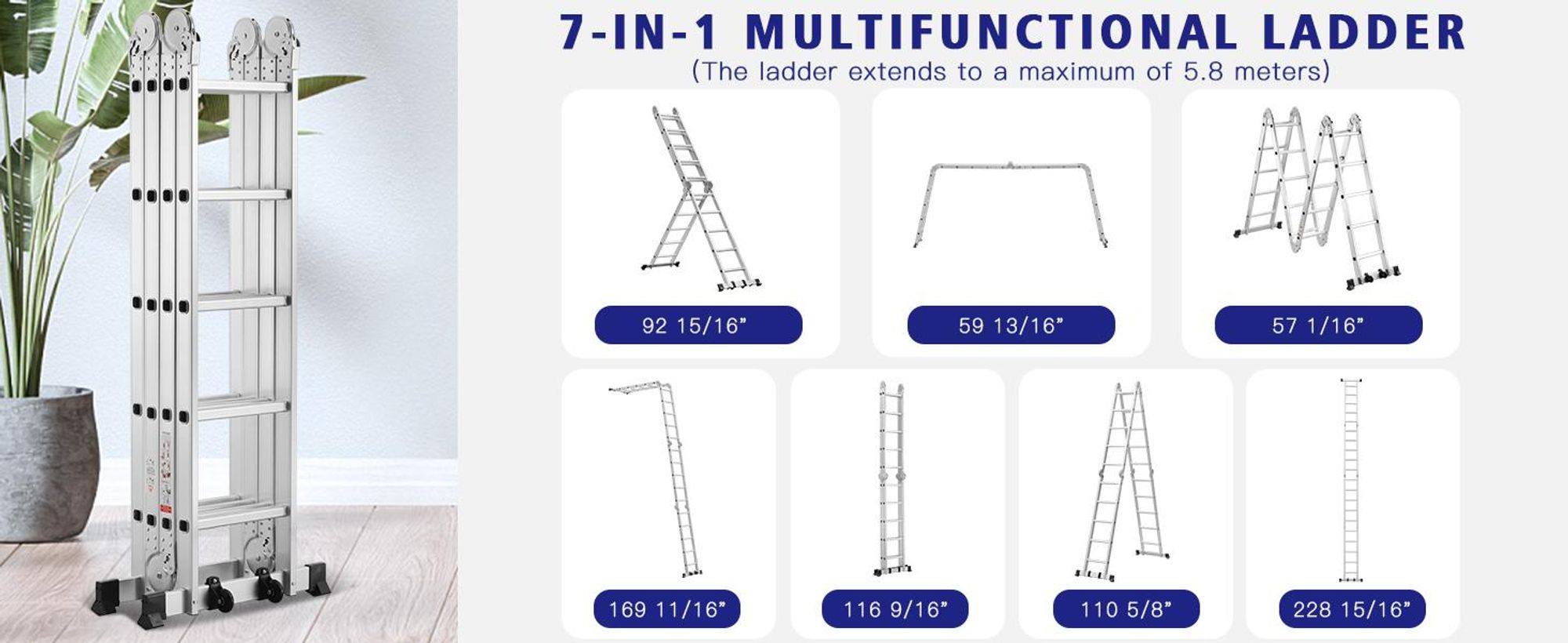 TEENO Mehrzweckleiter 5.82 M, 4x5 Stufen, 7 in 1 Aluminium Multifunktionsleiter mit 2 Abnehmbare Transportrollen und 2 Plattform, Bis 150 kg
