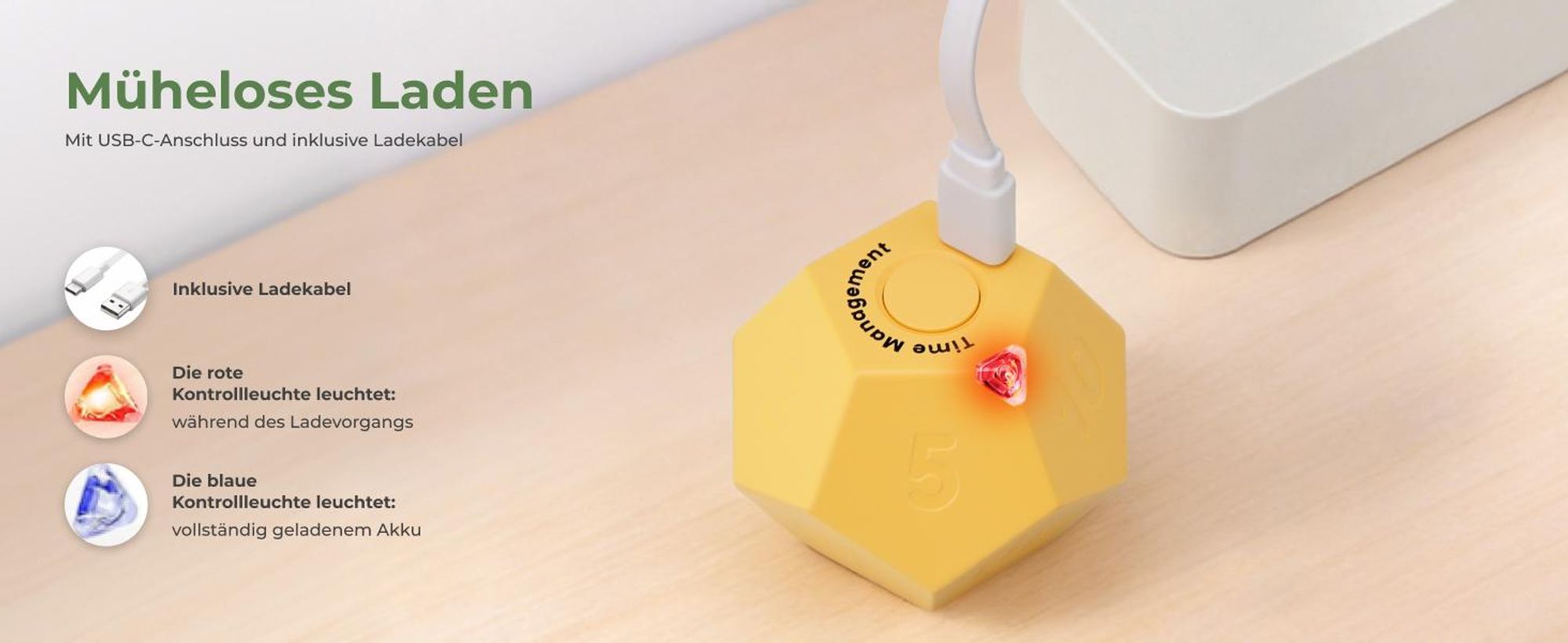 HOKO Pomodoro Flip-Timer mit automatischem Start, 11 Zeitvorgaben, 3 Signalmodi, USB-C-Akku für Lernen, Kochen, Sport und Pausen, Gelb, TICKO