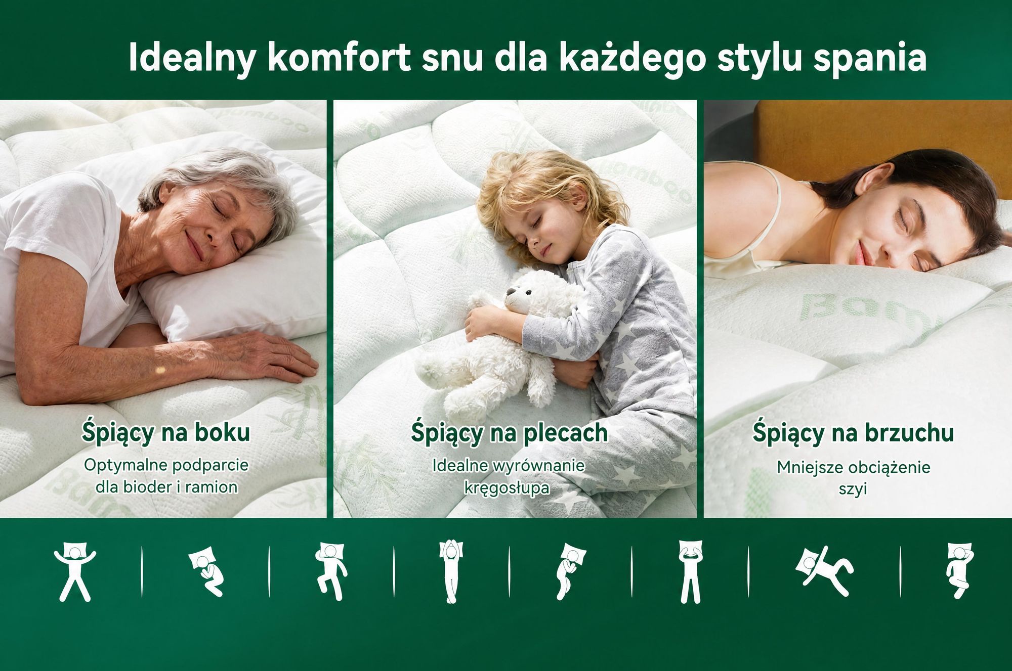 NicePlus, materac kieszeniowy 2 w 1, 90x200x7 cm, pianka termoelastyczna z podkładką z bambusa, z gumkami narożnymi pasującymi do wszystkich materacy, twardość H2/H3, kolor zielony