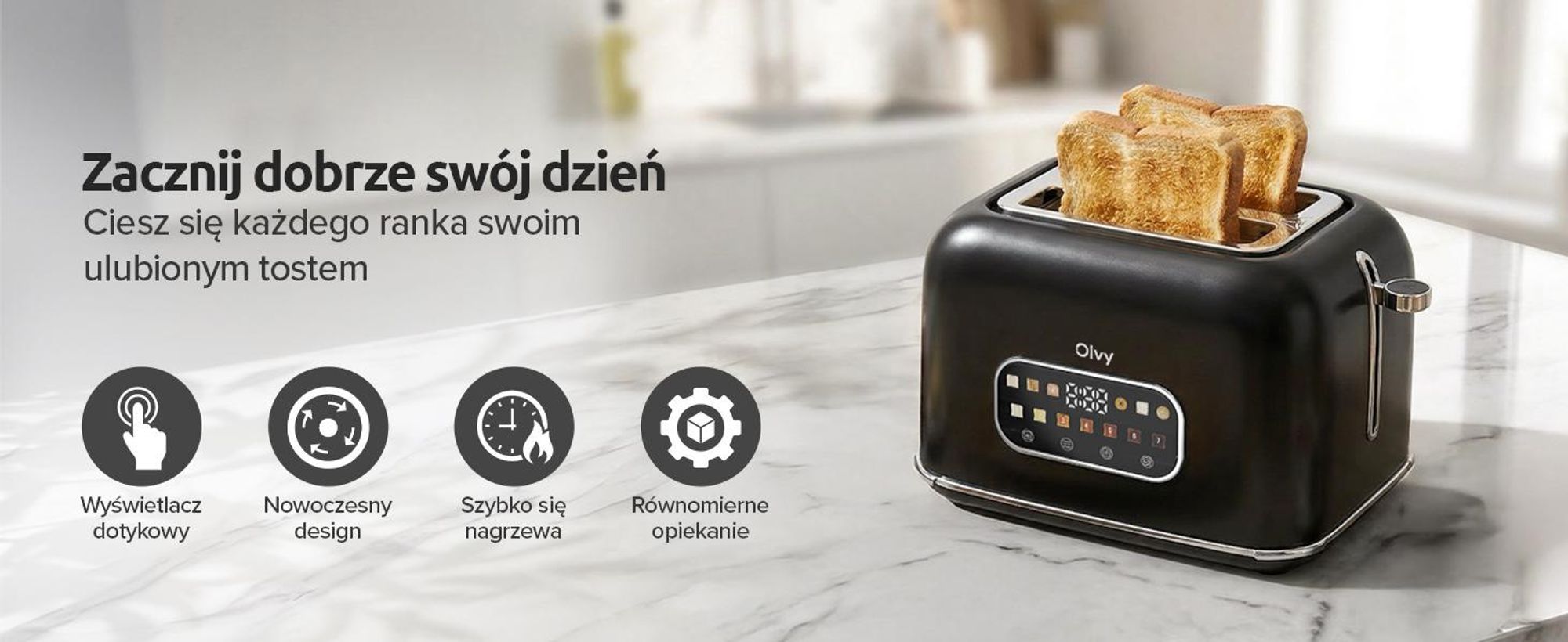 Toster Olvy, ekran dotykowy z timerem, 7 stopni opalania, bardzo szerokie szczeliny, 6 programów, w tym bagel i gofr, funkcja rozmrażania i podgrzewania, czarny