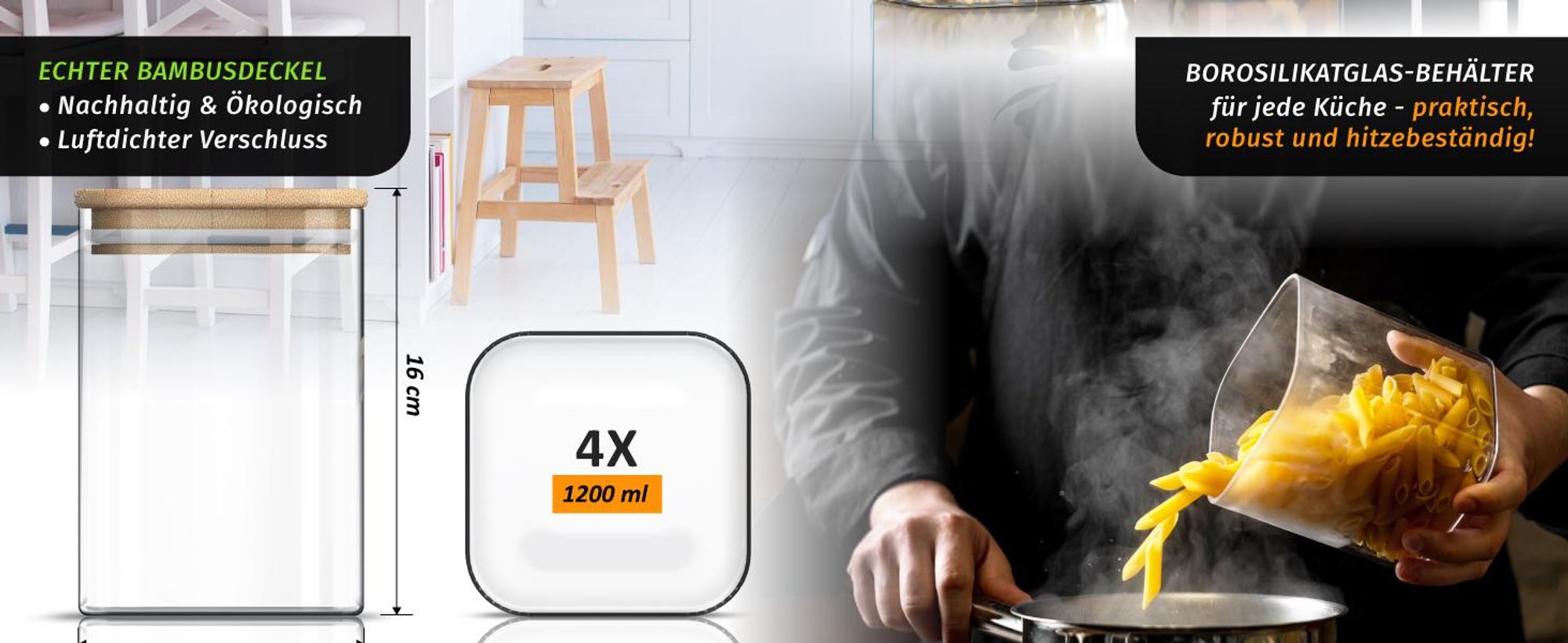 Arendo Vorratsgläser, Glasbehälter-Set 4x 1,2 L Borosilikat quadratisch mit Bambusdeckel, 4er Set, luftdicht, hitze & kältebeständig, Mikrowellen & spülmaschinengeeignet