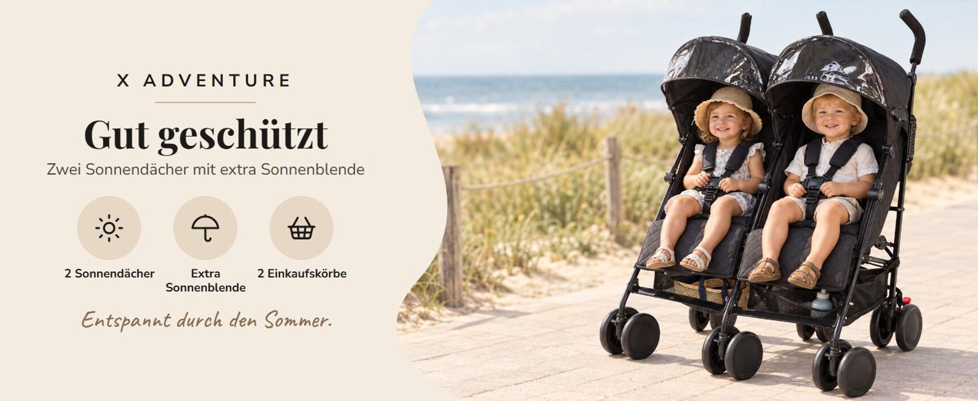 X Adventure Duo Buggy Schwarz – Geschwisterwagen für zwei Kinder nebeneinander, unabhängig verstellbare Sitze, 2 Sonnendächer, ab ca. 6 Monaten