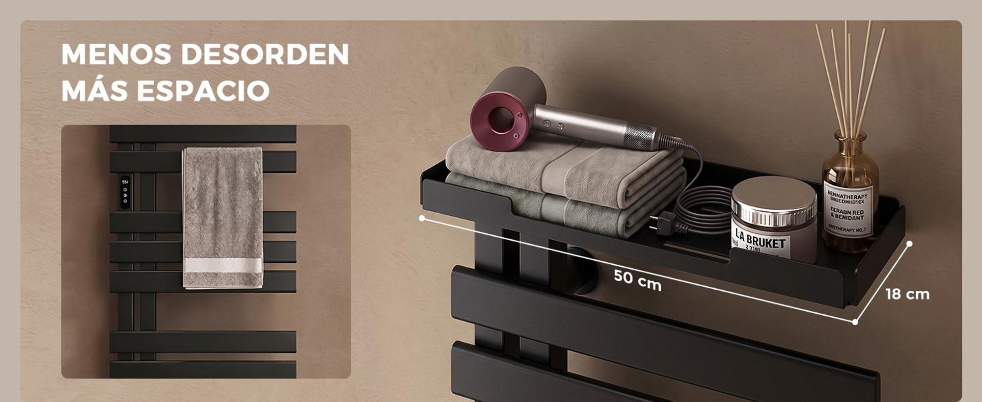 S'AFIELINA Scaldasalviette Elettrico con Ripiano 1050×500 mm 335 W Nero,Termoarredo WiFi, Riscaldamento in Fibra di Carbonio, 6 Modalità