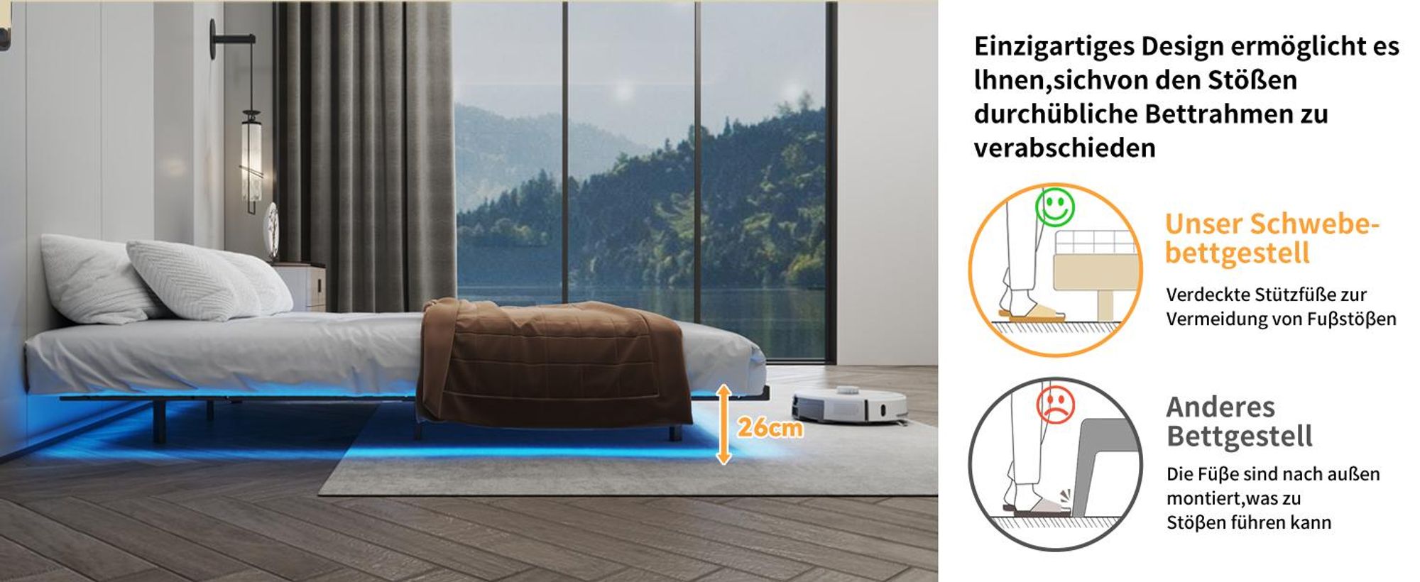 COMHOMA Bettrahmen Metallbett Gästebett Bettgestell aus Metall, mit LED & Steckdosen, Jugendbett 90x200, App & Fernbedienung, stabile Konstruktion