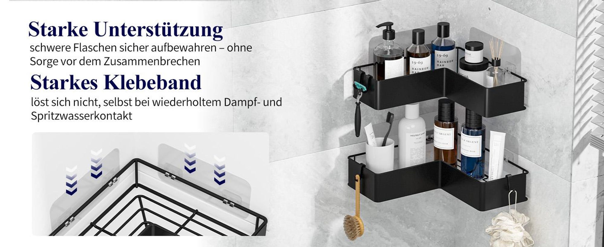 Duschregal, Eckregal, 2-Stück L-förmiger Duschablage, Eck-Duschregal, Duschkörbe, Badezimmerregal, mit 4 Haken, ohne Bohren