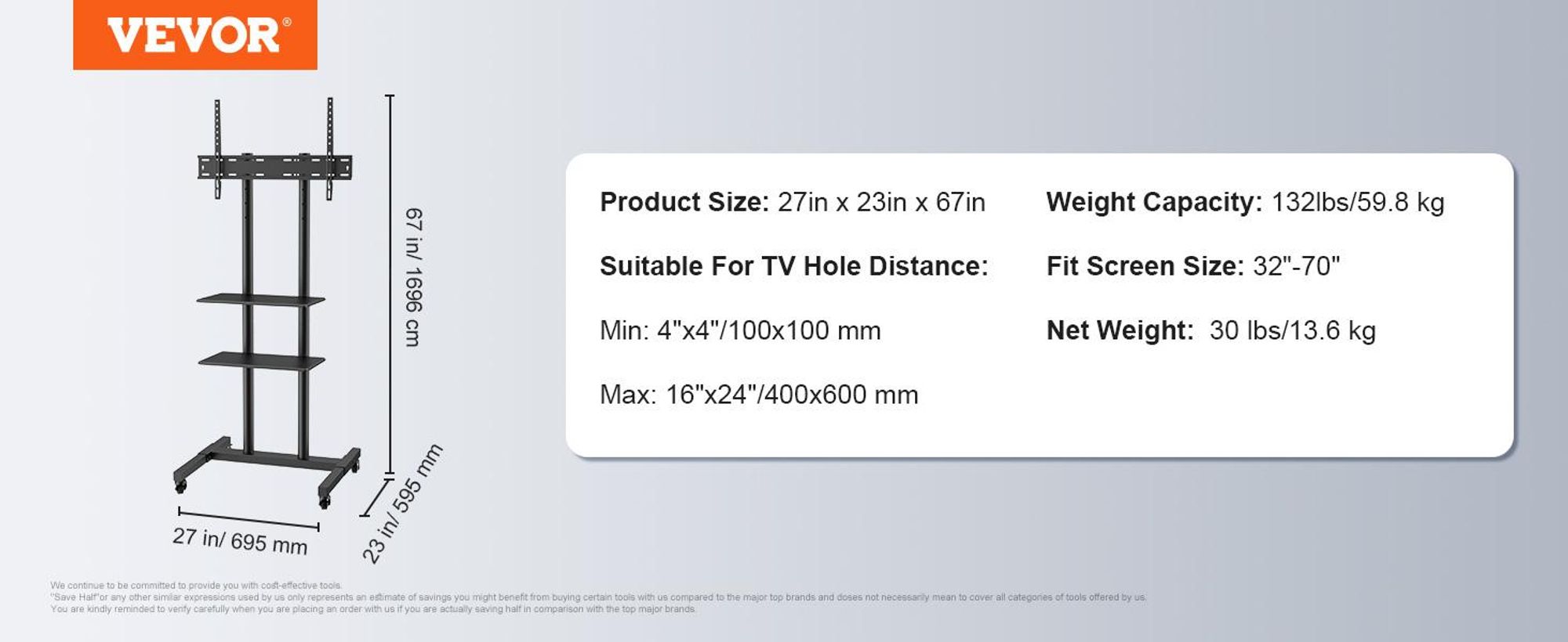 VEVOR Mobiler TV-Ständer, Mobiler TV-Wagen für 32 bis 70 Zoll Fernseher, Höhenverstellbarer Tragbarer TV-Ständer mit Rädern, Doppelschale für audiovisuelle Geräte, Rollender TV-Ständer mit Halterung für Schlafzimmer, Wohnzimmer, 81,3-177,8 cm, Rollend