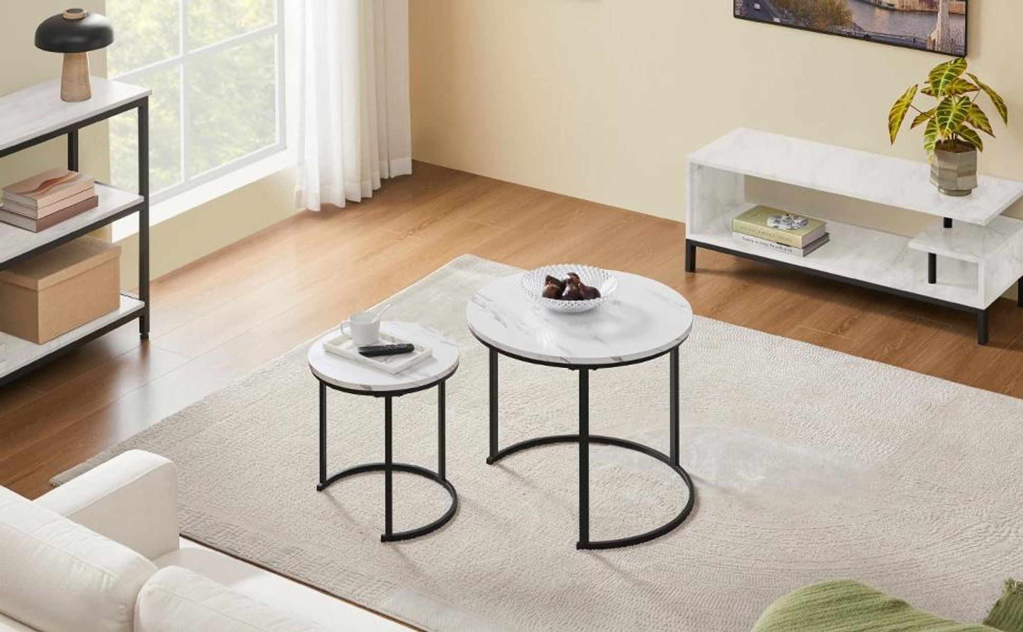 Yaheetech Couchtisch 2er Set, runder Beistelltisch Set, Sofatisch mit Metallgestell, Satztische für Wohnzimmer Schlafzimmer, Weiß
