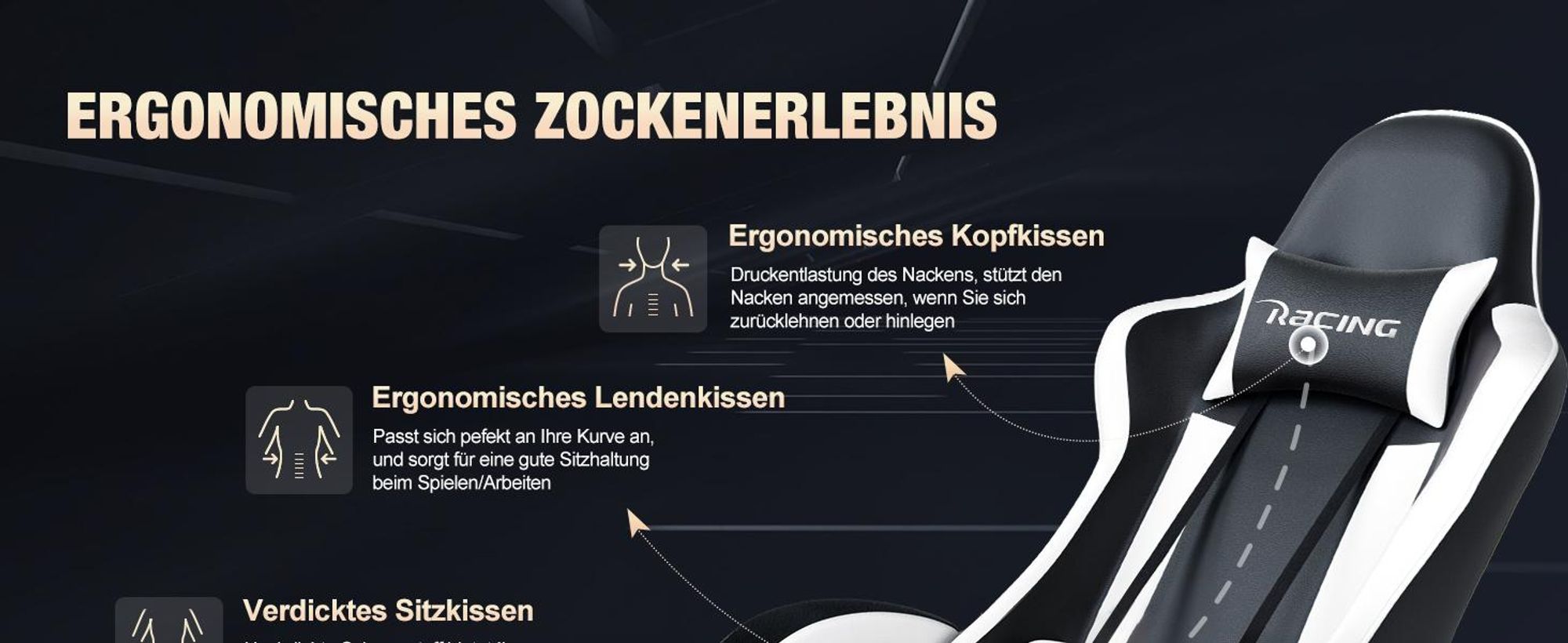 Portreen Gaming Stuhl,Bürostuhl Ergonomischer Gaming Sessel mit Lendenwirbelstütze Fußstütze, gepolstert,Kopfkissen Gaming Stuhl, 150kg Gaming Chair