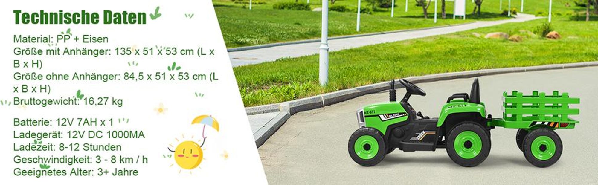 COSTWAY 12V 3-Gang 3-8KM/H Kinder Elektroauto Traktor mit abnehmbarem Anhänger, 2,4-GHz-Fernbedienung, LED Lichtern, Musik&USB, für Kinder 3+ Grün