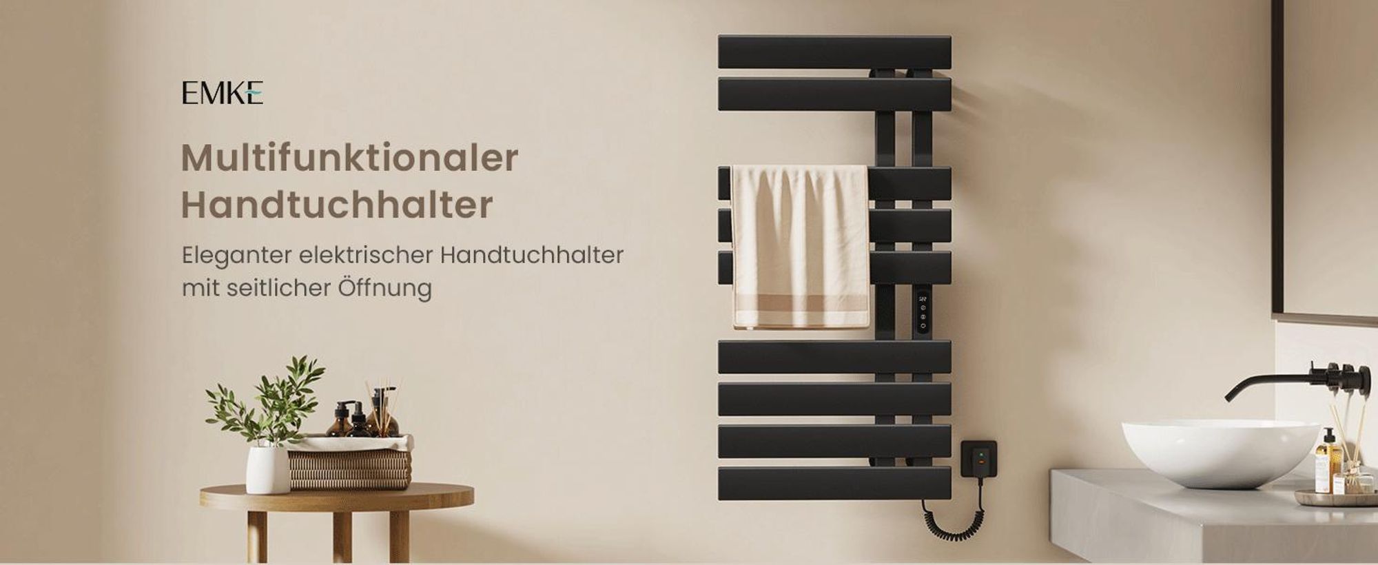 EMKE Handtuchwärmer elektrisch Intelligente Badheizkörper, 1000X500mm 320W Recht Anschluss Handtuchheizkörper Wifi APP Steurung Touch LCD Timer 1-9H, IPX5 Schwarz