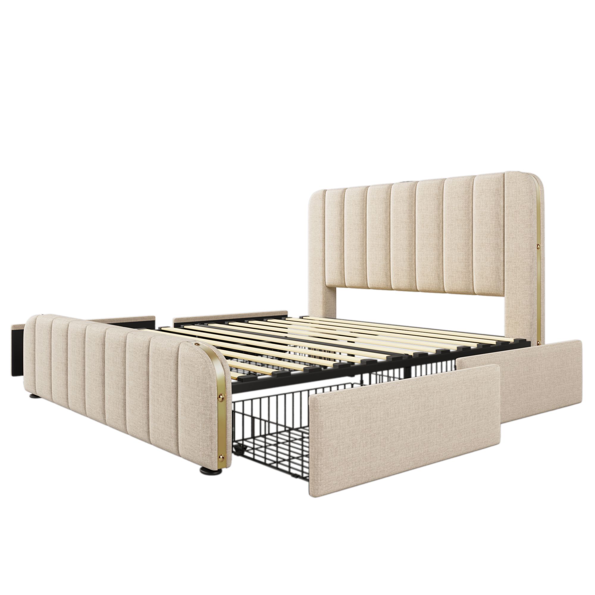 Flieks Polsterbett 180x200cm mit Ladefunktion (USB, Typ-C), Doppelbett Stauraumbett mit 4 Schubladen, Jugendbett Funktionsbett, Leinen, Beige