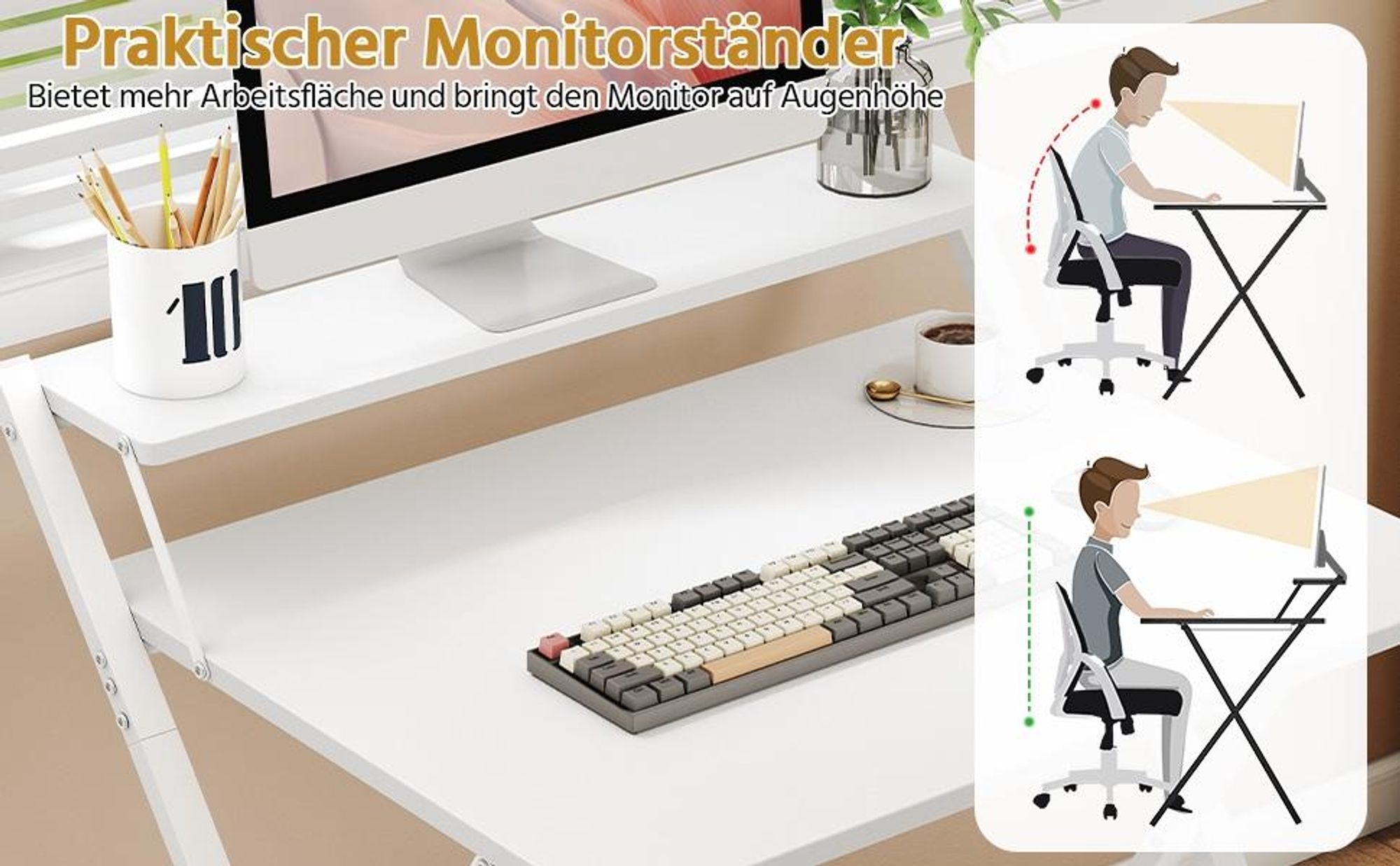 Yaheetech Schreibtisch klappbarer Computertisch mit Monitorständer 2-stufiger Arbeitstisch mit Ablage Laptoptisch