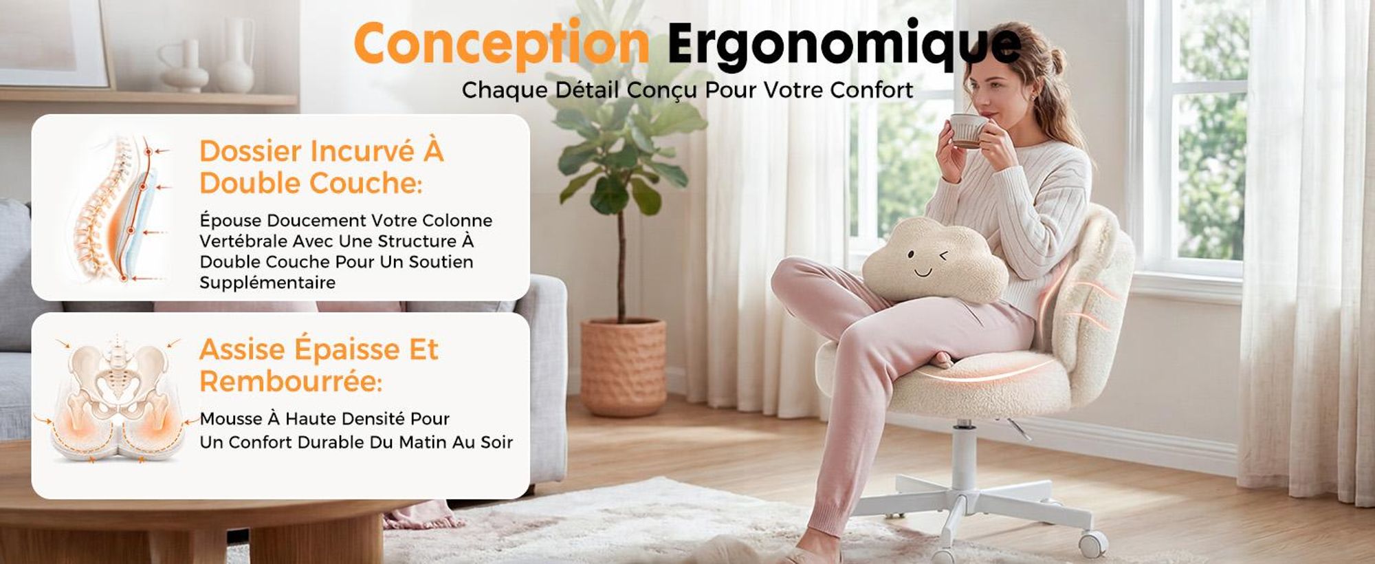 Chaise de bureau COMHOMA, chaise de maquillage à roulettes avec double dossier et coussin moelleux, chaise pivotante réglable en hauteur, tissu Teddy, beige