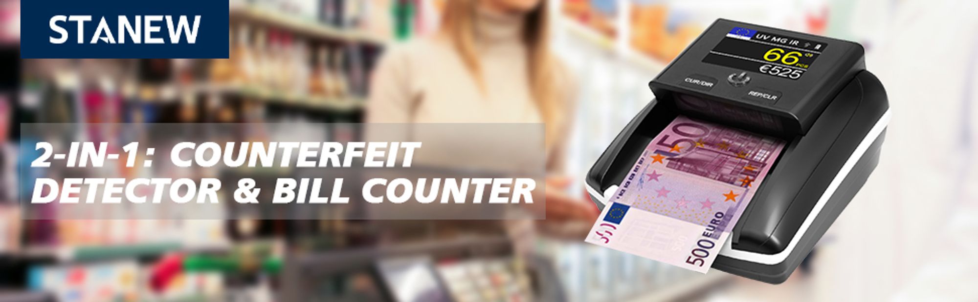 STANEW 2 in 1 Banknotenprüfer, Geldzählmaschine, inklusive wiederaufladbarem Akku, Präzise Falschgelderkennung und Zählfunktion für Euro,USD(Upgrade)