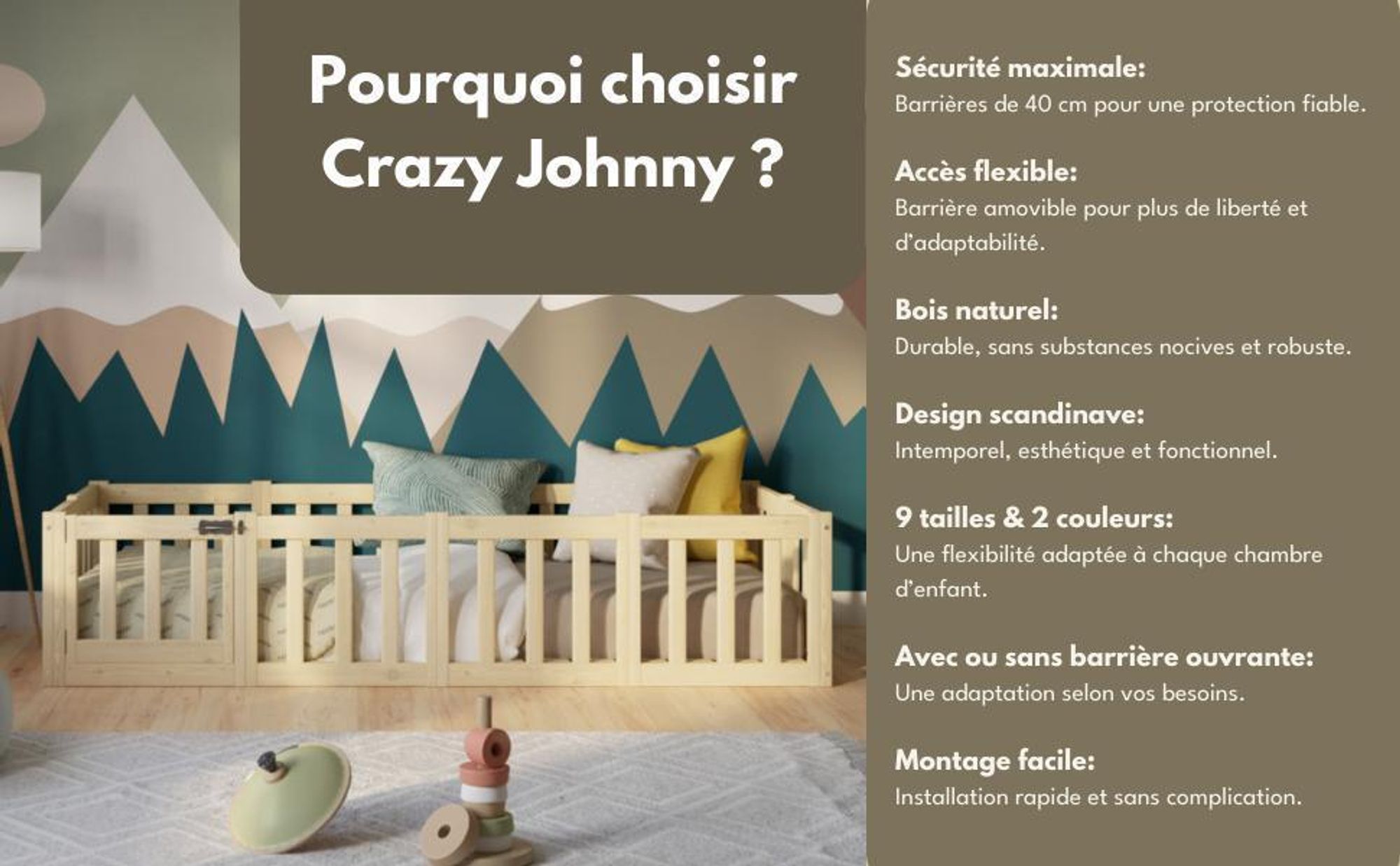 Crazy Pine Lit d'enfant 140x200 cm - Blanc - Lit au sol Montessori avec protection antichute 40cm et barrière ouvrable - Crazy Johnny