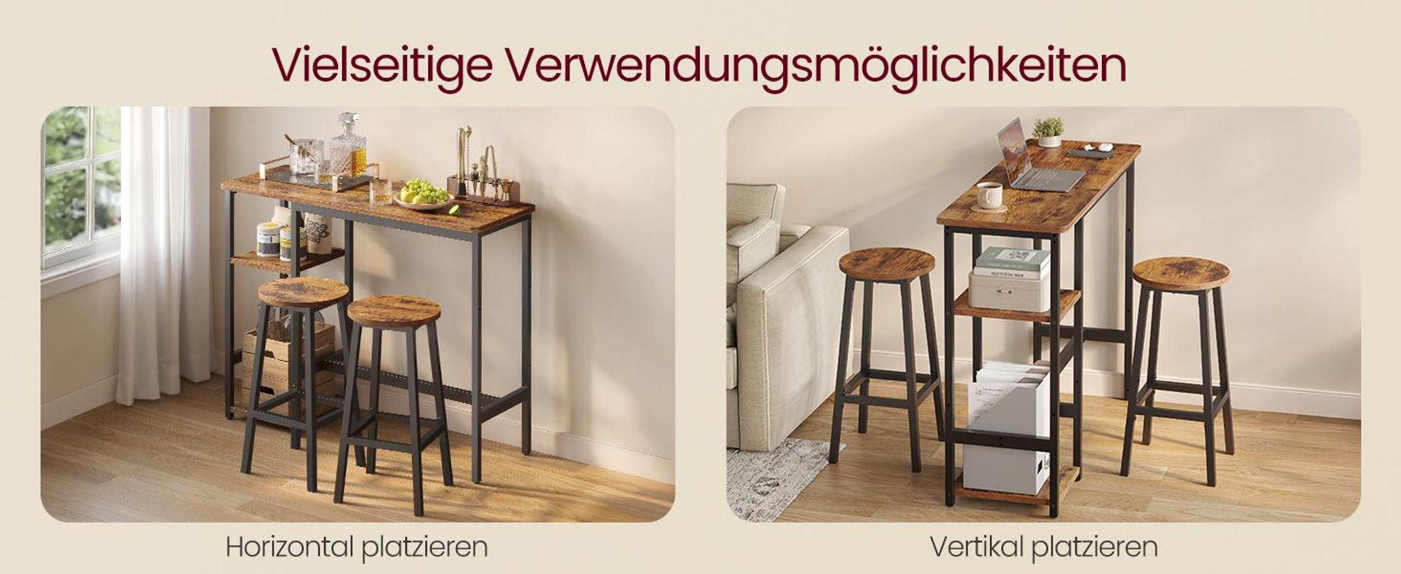 VASAGLE Bartisch-Set mit Regal, Essgruppe mit 2 Hockern, Metallgestell, für Küche oder Wohnzimmer, braun-schwarz