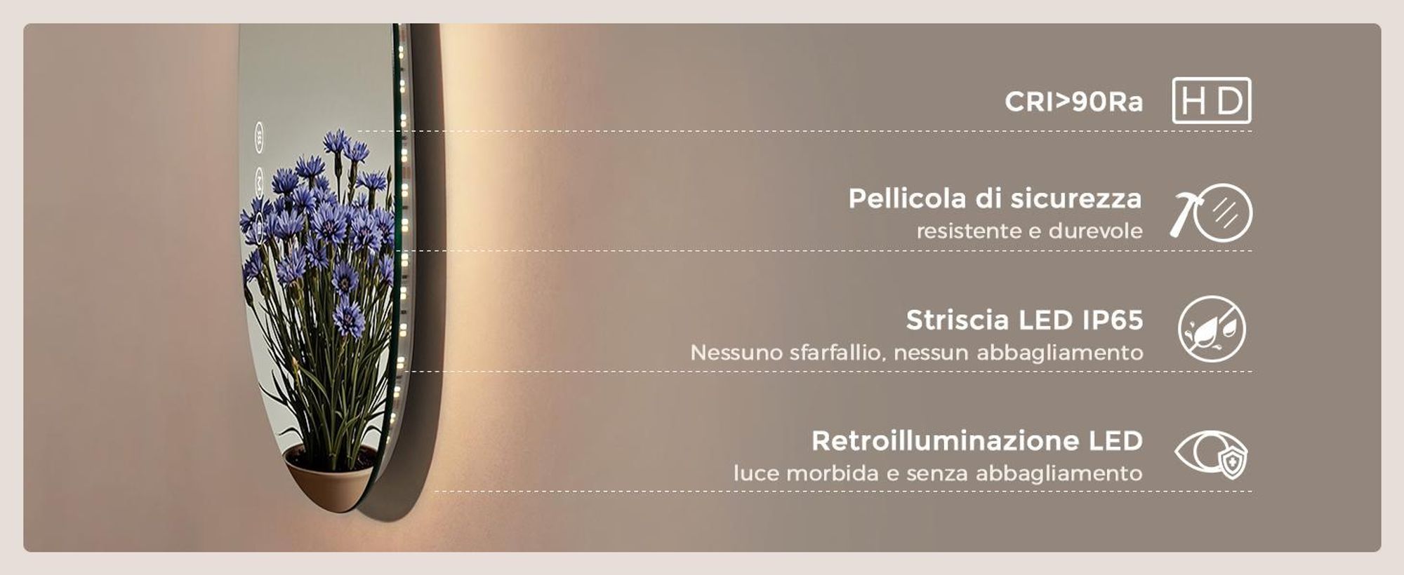 Espejo de baño iluminado S'AFIELINA, 60x45 cm, con tecnología LED, interruptor táctil, espejo de pared con 3 colores de luz y función de atenuación, antiniebla y memoria