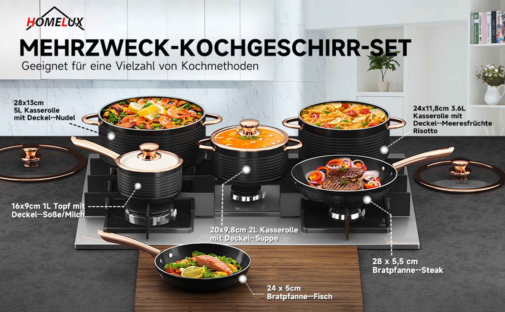Topfset, HOMELUX 10tlg Induktions Töpfe Set, Aluminiumguss Kochtopfset, Keramik-Antihaftbeschichtung Pfannenset, Töpfe Set mit Deckel