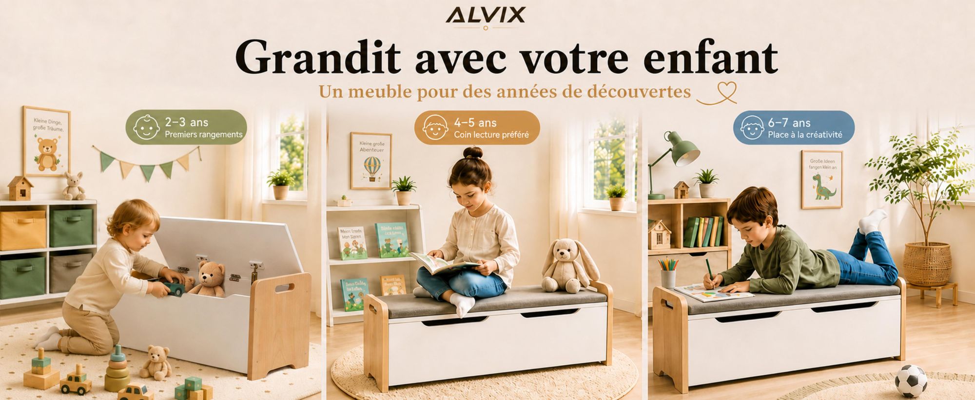 ALVIX Coffre de rangement pour jouets NESTA 1, banc pour enfants avec espace de rangement, coffre à jouets avec couvercle à fermeture douce, banc de siège pour chambre d'enfant, 83x40x48 cm