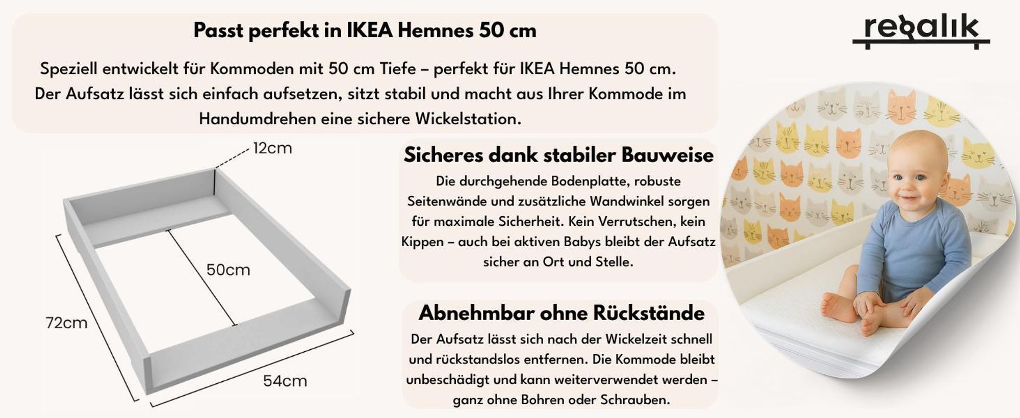 regalik Wickelaufsatz für Hemnes von IKEA, Wickeltischaufsatz für 50 cm Kommoden, Abnehmbar Wickelkommode aufsatz, Abgerundeten Frontplatten, Oak, 72cm x 54cm